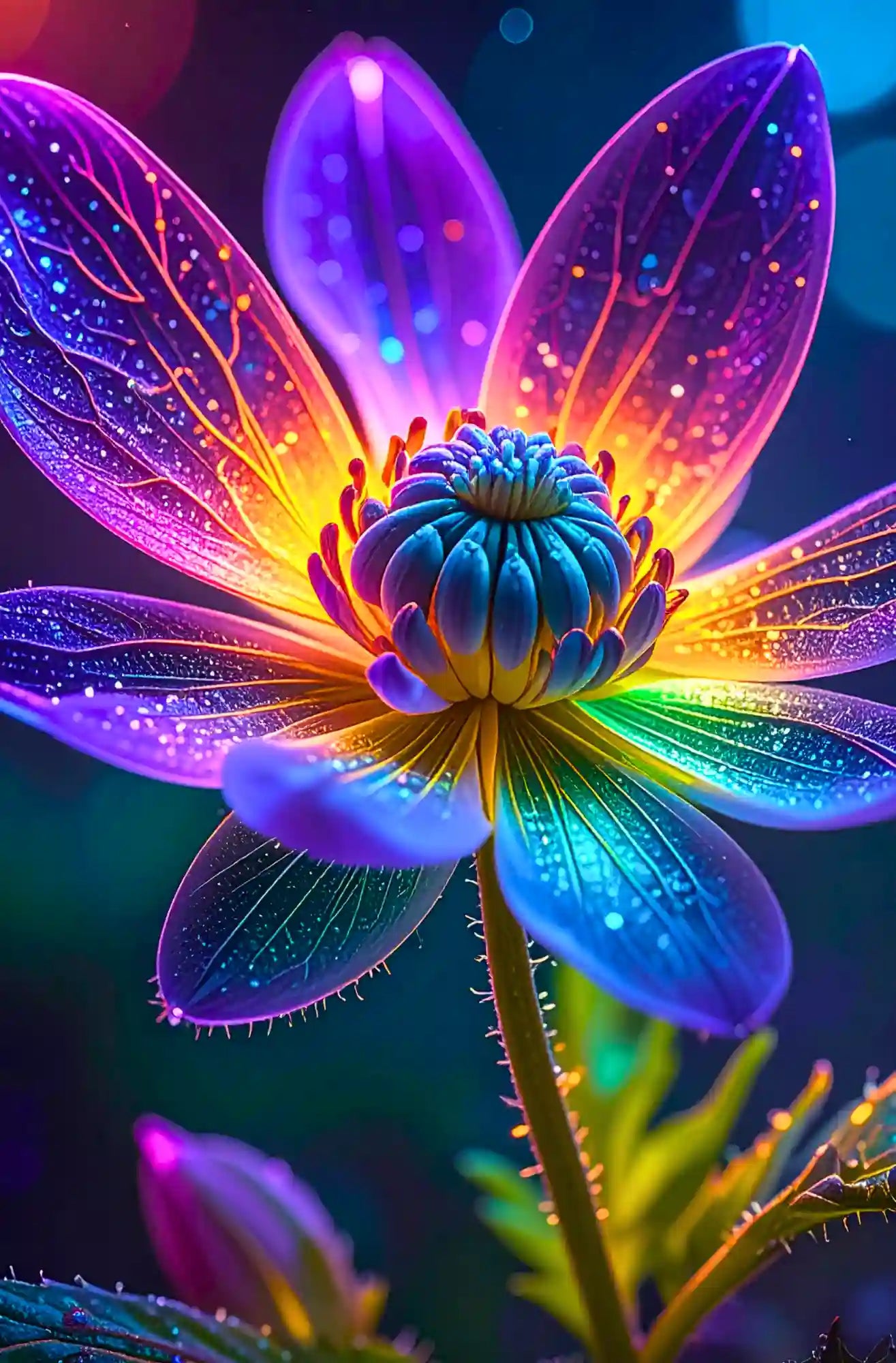 Diamond Painting Set Motiv Im Kern des Lichts: Leuchtende bunte Fantasy-Blume in Neonfarben mit magischem Glitzereffekt