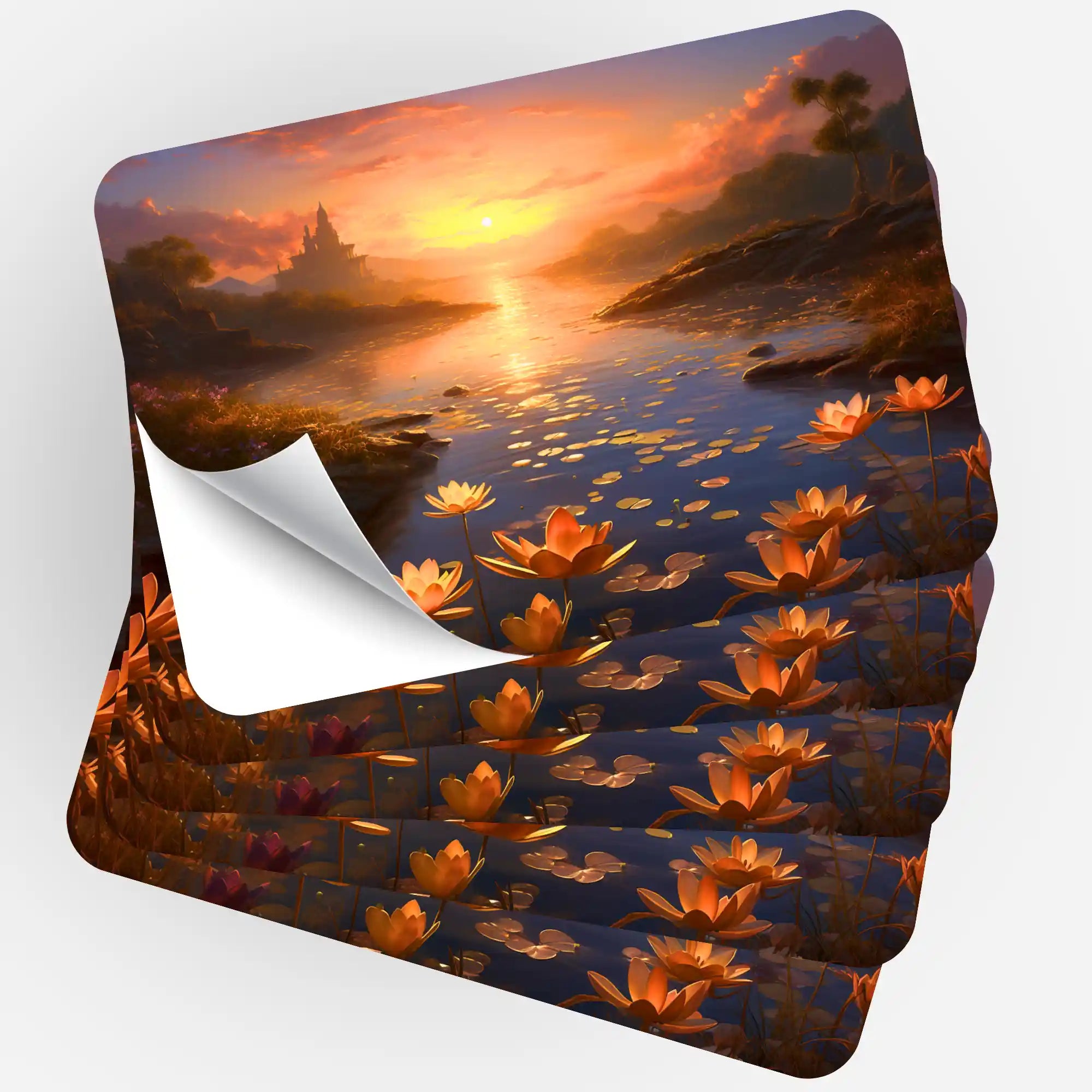 Fünfer-Set Sticker für Diamond Painting mit Motiv Wenn der Tag ausatmet, Sonnenuntergang am See mit Lotosblüten