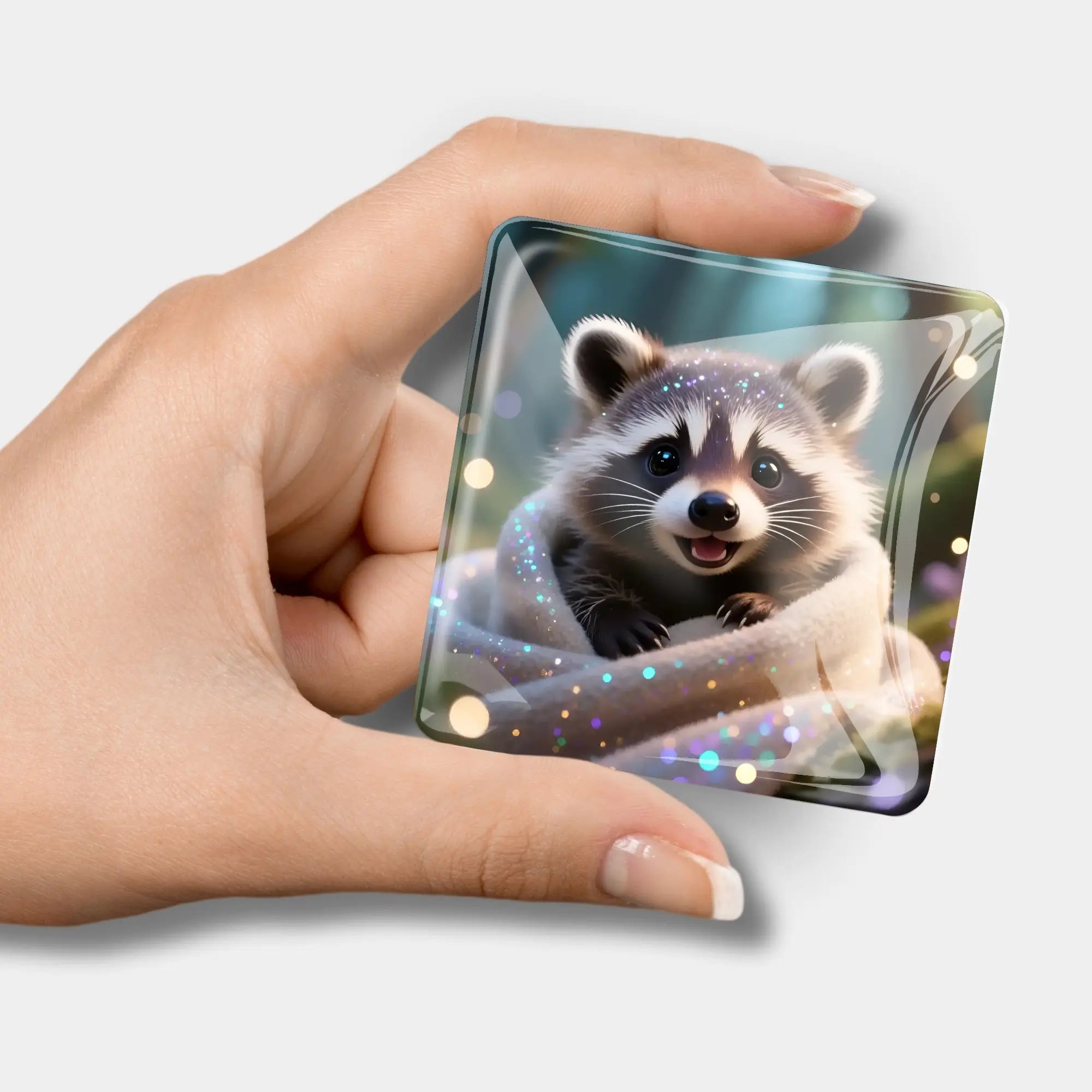 Glas Cover Minder mit süßem Waschbär Motiv als magnetisches Zubehör für dein Diamond Painting Projekt