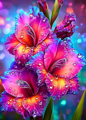 Diamond Painting Set Morgentau mit farbenfroher Gladiole, glitzernden Tautropfen auf pinken Blütenblättern