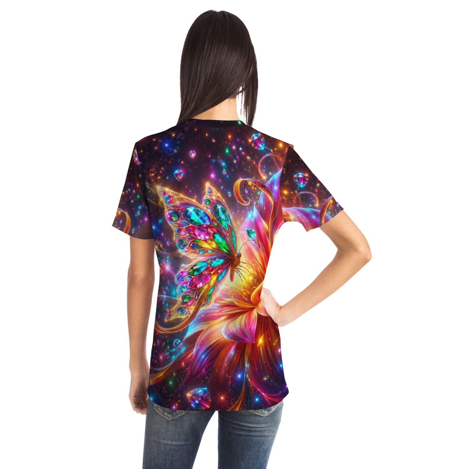 T-Shirt mit buntem Schmetterling im Diamond Painting Stil und funkelnden Farben für Fans von kreativen DIY-Hobbys