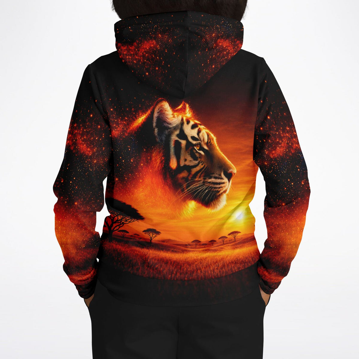 Dreamer Hoodie mit Tiger-Motiv im Feuerherz-Design und afrikanischer Savanne, perfekt für Fans von Diamond Painting