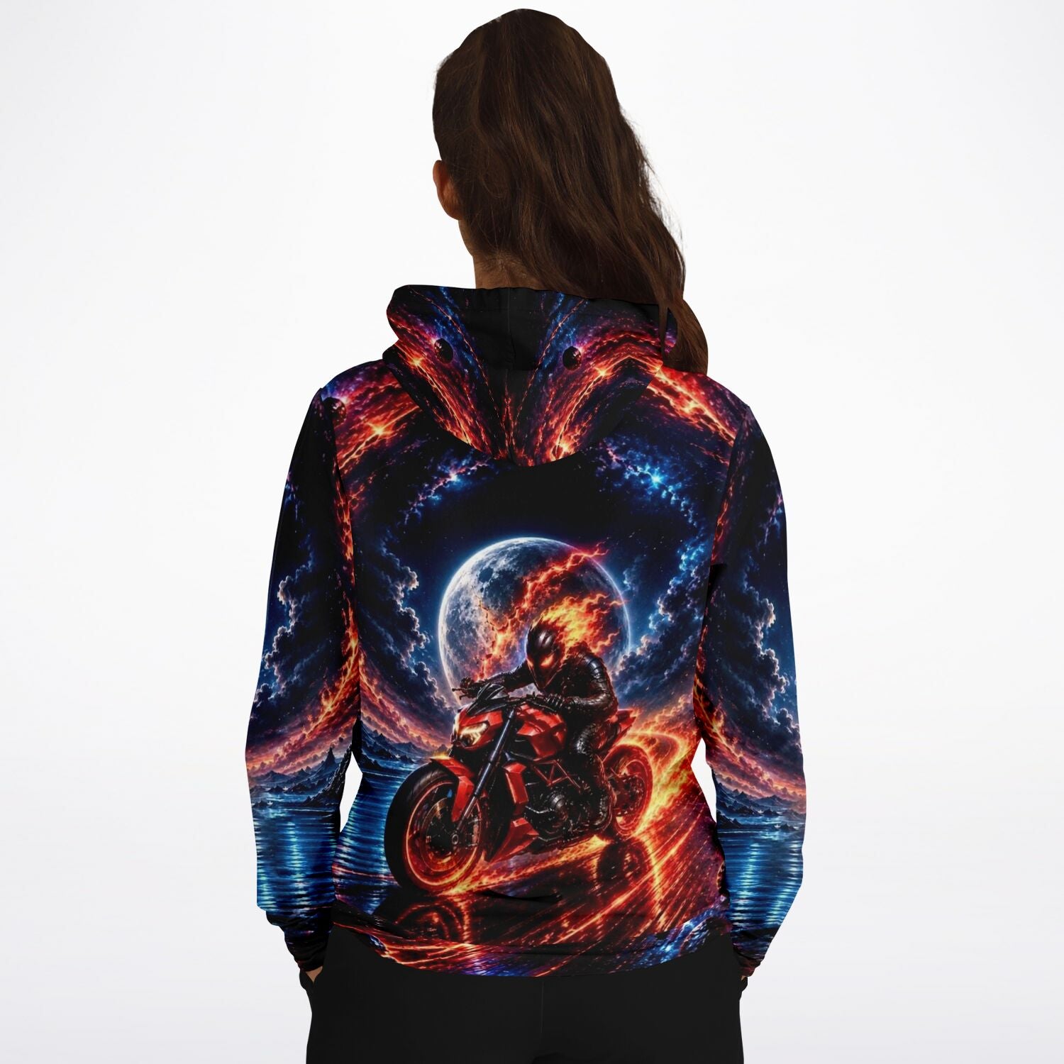 Dreamer Hoodie Grenzgänger mit Motorrad-Motiv, brennendem Fahrer und Weltraum-Design, perfekt für Fans von DIY-Kunst