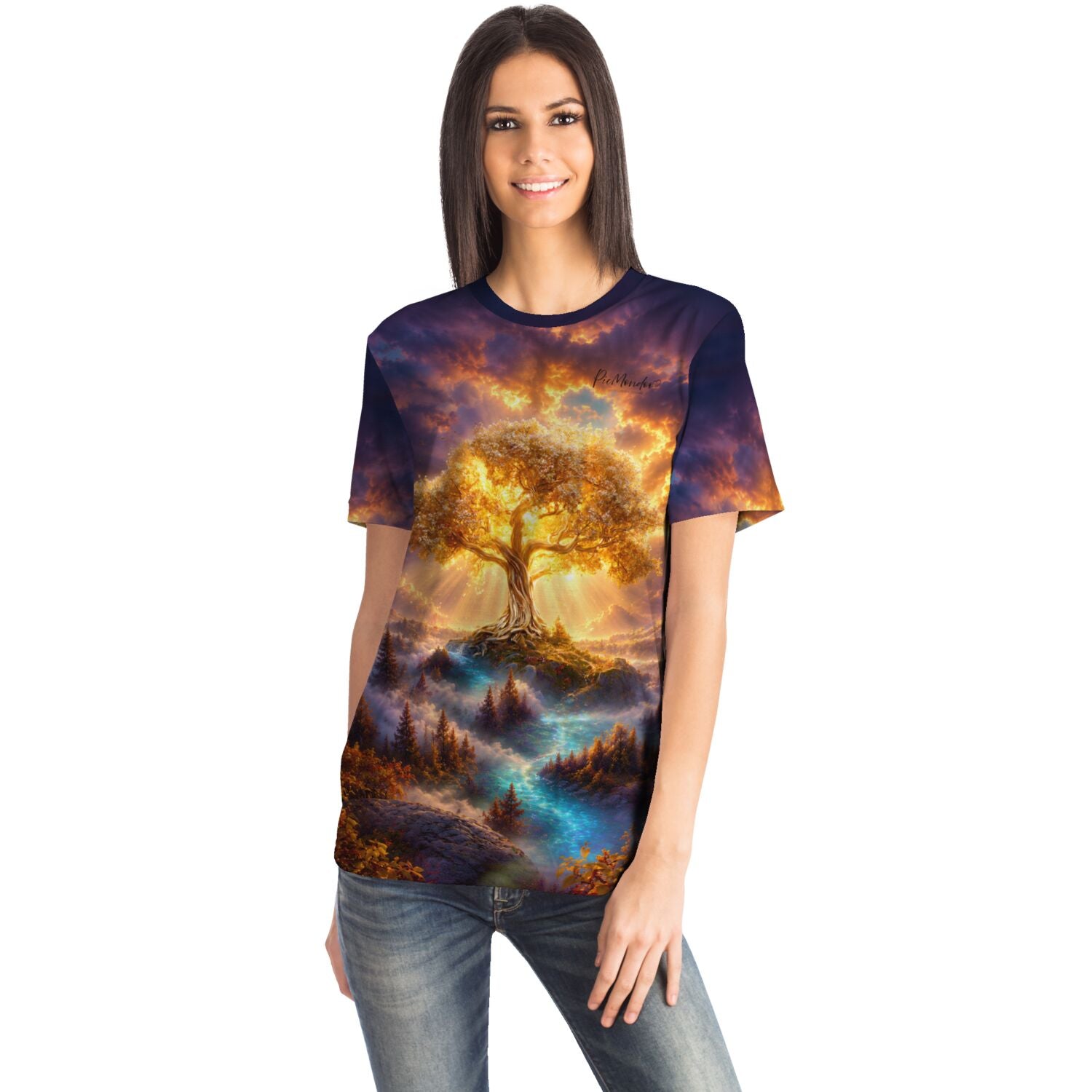 Frau trägt Dreamer T-Shirt mit Design Der goldene Weltenbaum, inspiriert von Diamond Painting und Malen nach Zahlen Motiven.