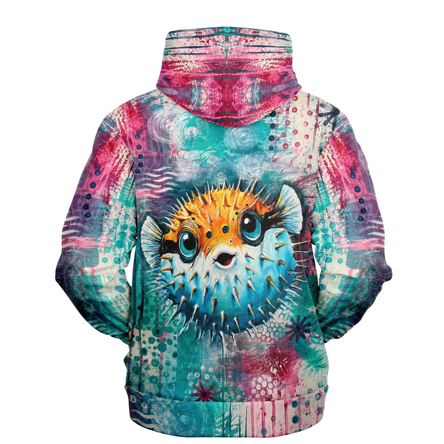 Hoodie mit buntem Kugelfisch-Motiv, kunstvolles Design im Stil von Malen nach Zahlen und Diamond Painting Kunstwerken