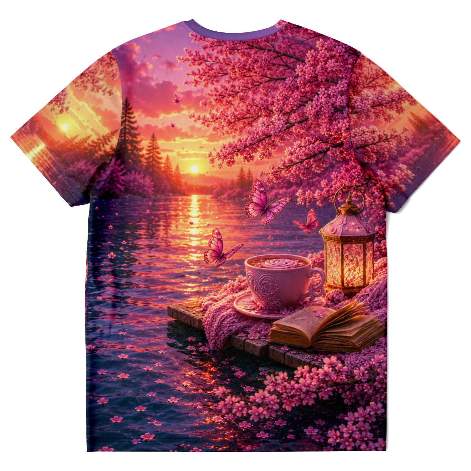 T-Shirt mit verträumtem Motiv von See, Laterne, Buch und Schmetterlingen im Stil von Diamond Painting und Malen nach Zahlen