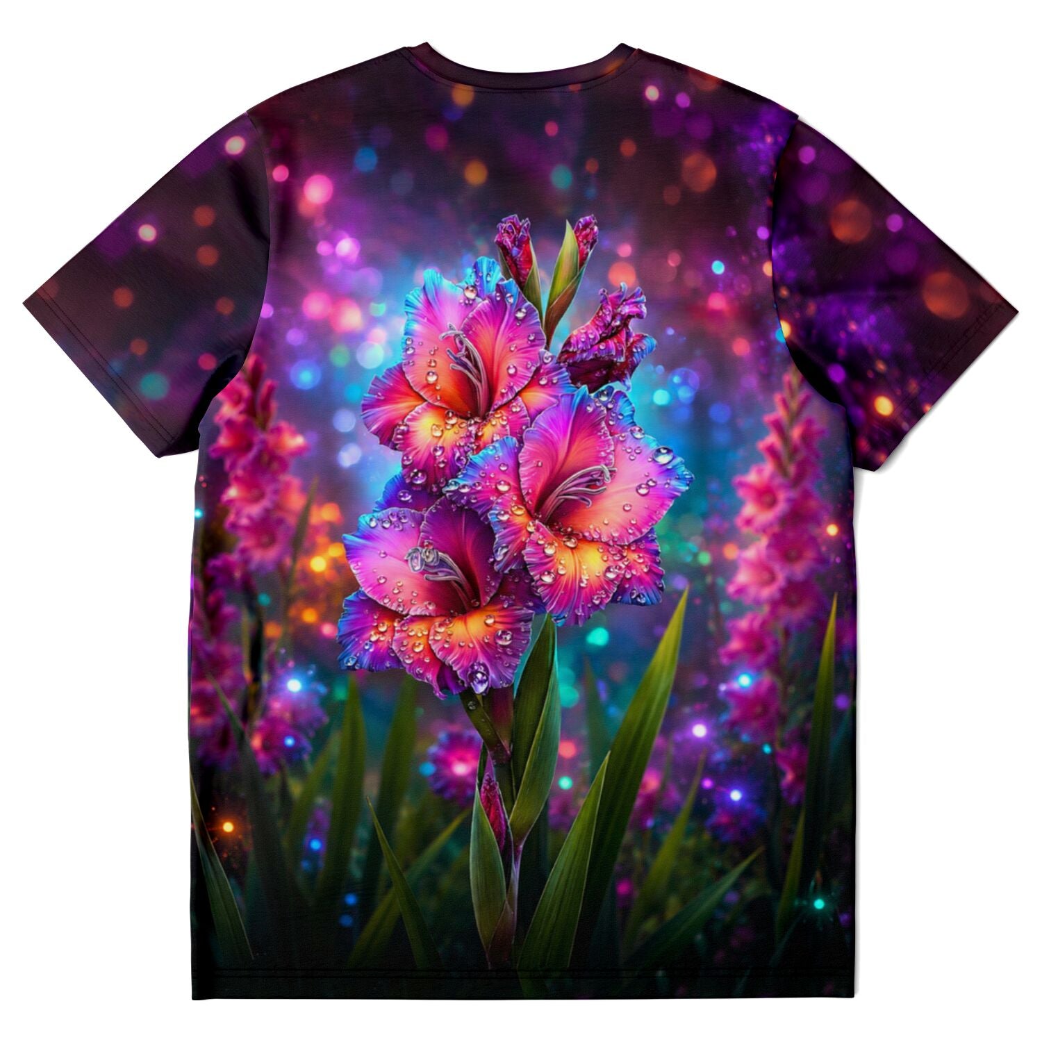 Dreamer T-Shirt Morgentau mit farbenfrohen Gladiolen im Lichtdesign, passend zum Diamond Painting oder Malen nach Zahlen