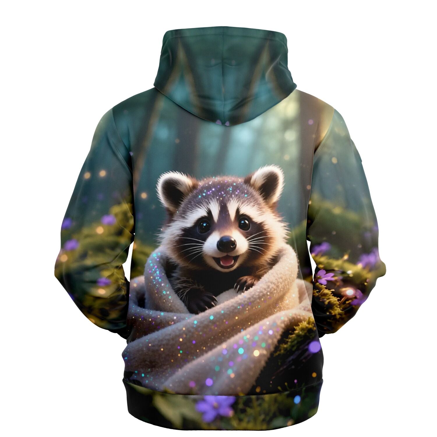 {
  "alt_text": "Dreamer Hoodie mit niedlichem Waschbär Motiv, in flauschige Decke eingewickelt, magisches Wald-Design für DI