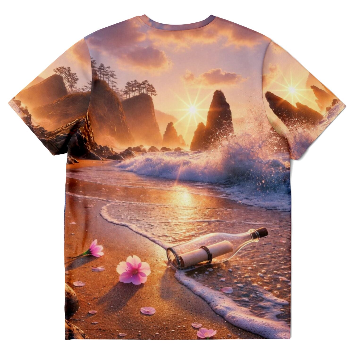 T-Shirt mit Meer-Motiv, Flaschenpost und Sonnenuntergang, inspiriert von Diamond Painting und Malen nach Zahlen Designs