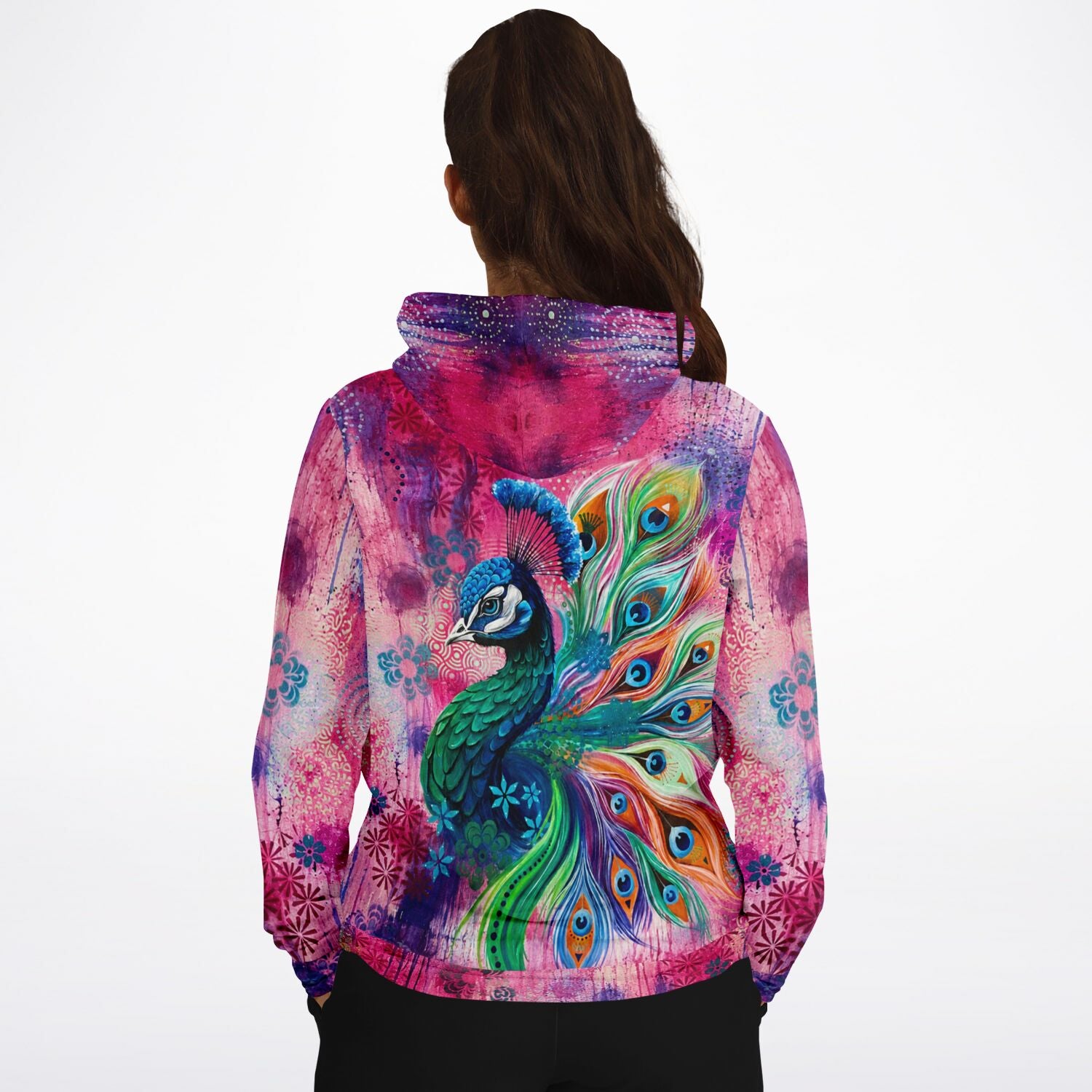 Hoodie mit buntem Pfauen-Motiv im Stil von Malen nach Zahlen Kunst in leuchtenden Farben auf rosa Hintergrund