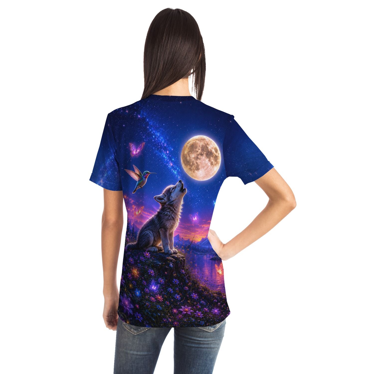 Dreamer T-Shirt mit Wolf, Vollmond und Kolibri – Motiv ähnlich wie Diamond Painting und Malen nach Zahlen für Erwachsene