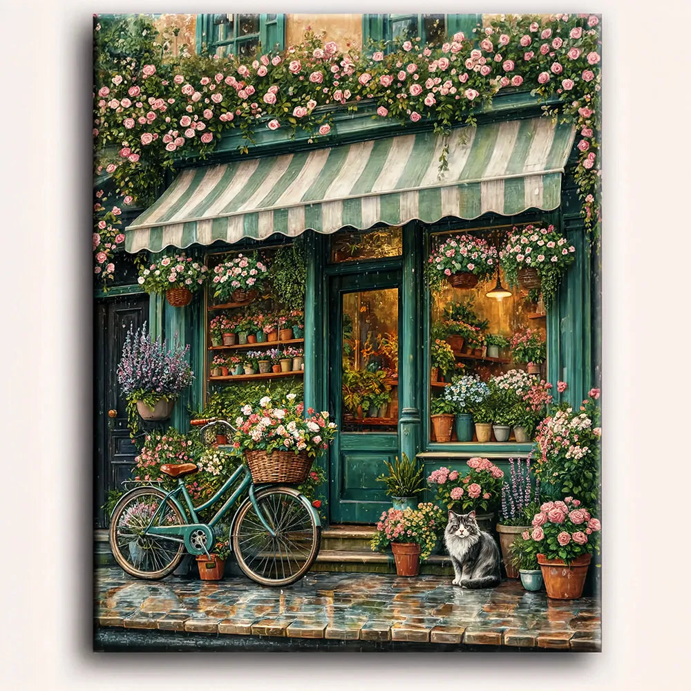 Malen nach Zahlen für Erwachsene Motiv Der kleine Blumenladen mit Fahrrad, vielen Blumen und Katze vor dem Geschäft