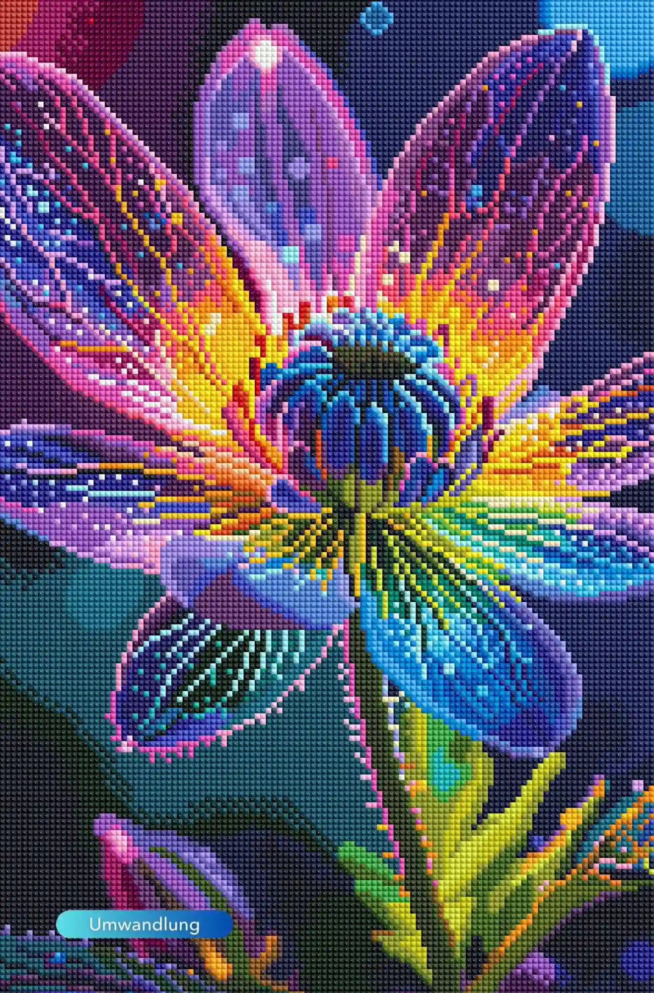 Diamond Painting Set mit magischer, leuchtender Blume in leuchtenden Regenbogenfarben und detailreichem Blütenzentrum.