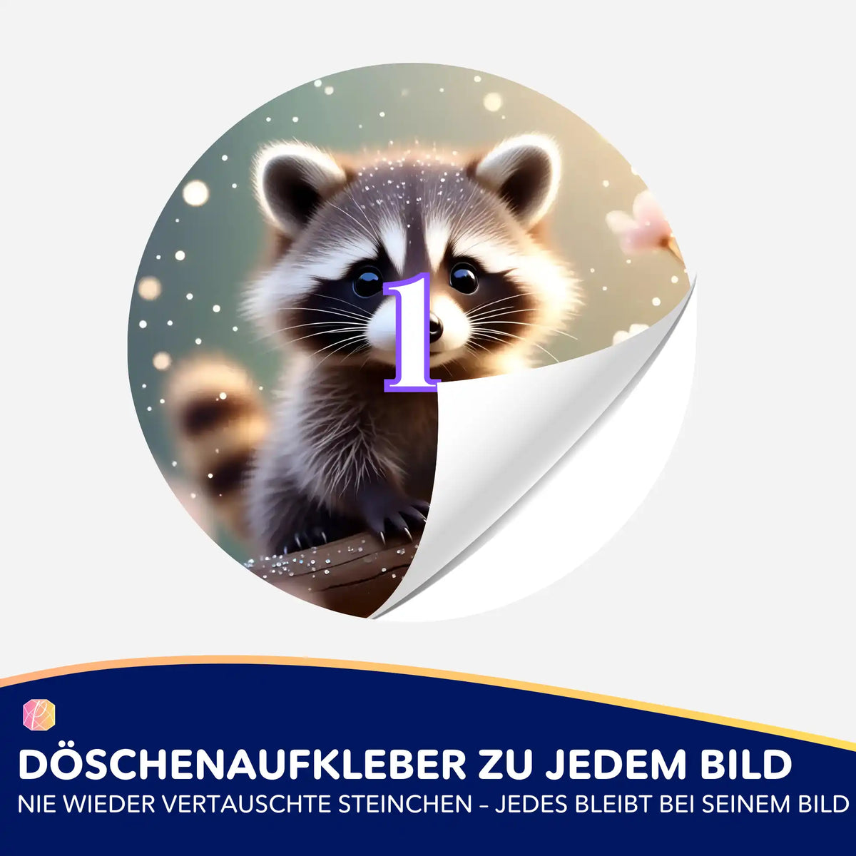 Runder Döschenaufkleber mit Waschbär-Motiv zur Organisation von Diamond Painting Steinchen