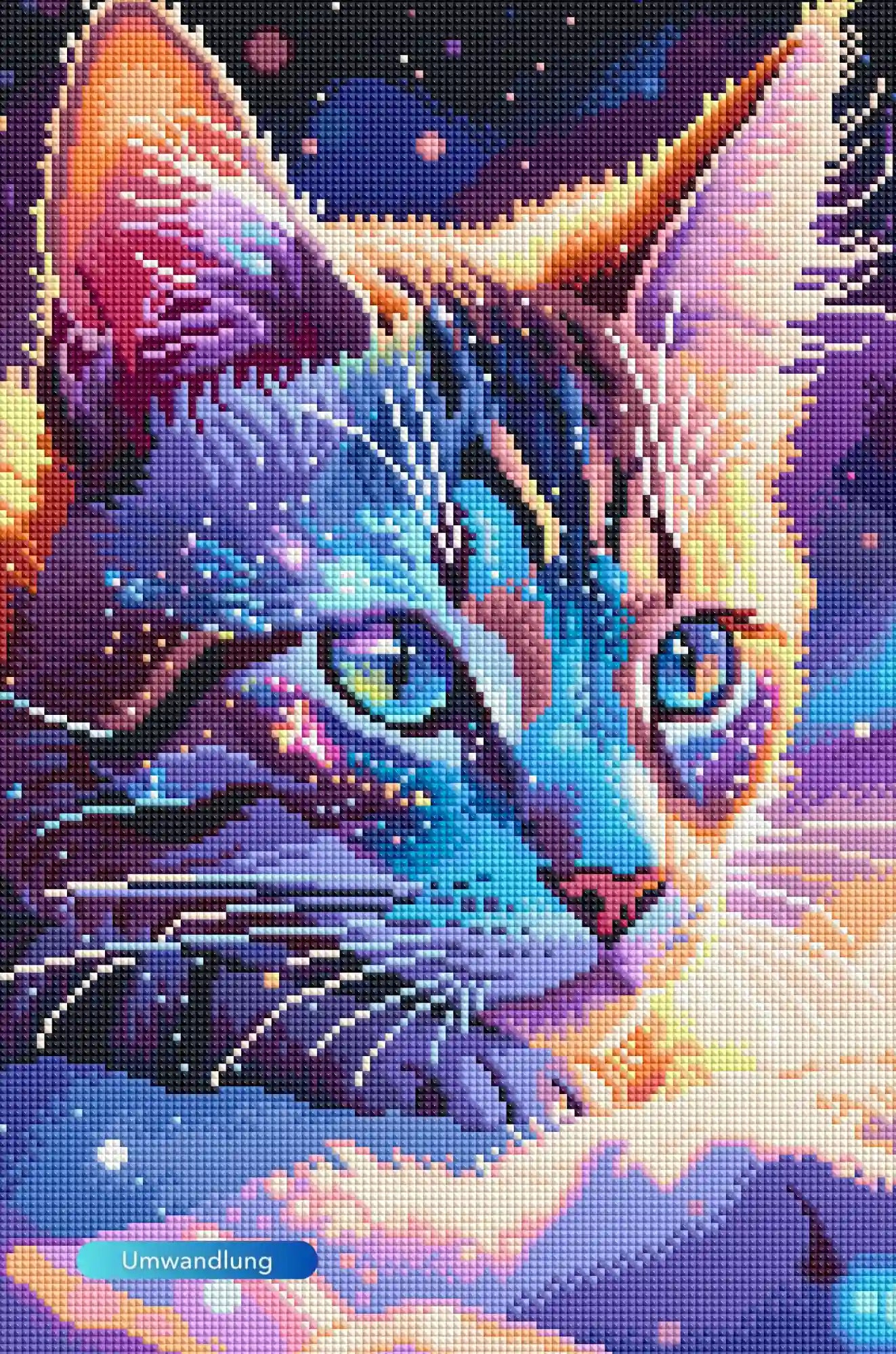 Diamond Painting Katze mit leuchtenden Augen und buntem Fell, detailreiches DIY-Set Motiv Samtpfote im Fantasy-Stil