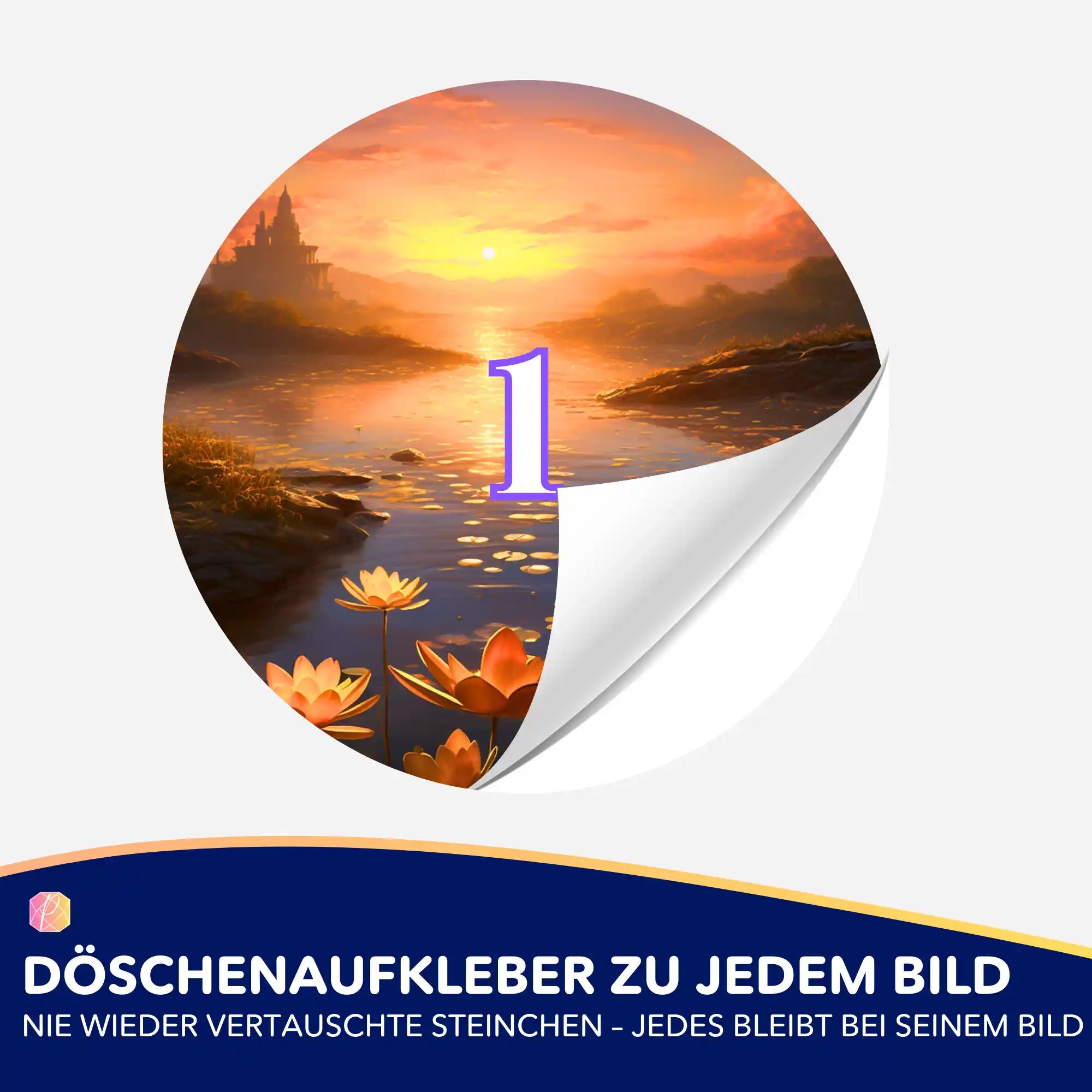Runder Döschenaufkleber mit Seenlandschaft-Motiv zur Organisation von Diamond Painting Steinchen und Bastelzubehör.