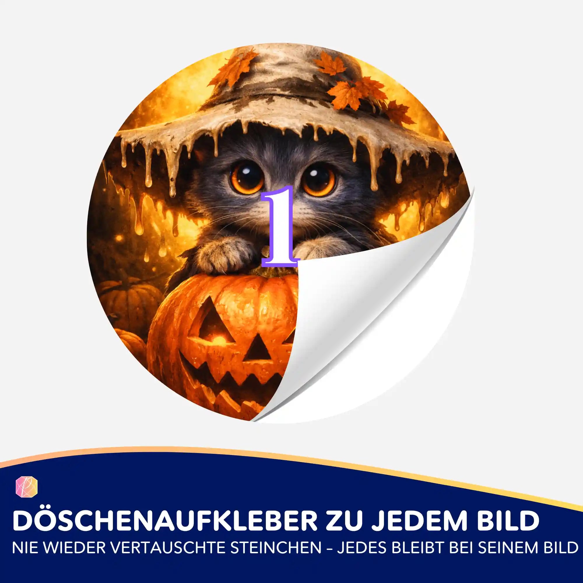 Runder Döschenaufkleber mit niedlicher Kürbishexe-Katze zur Organisation von Diamond Painting Steinchen