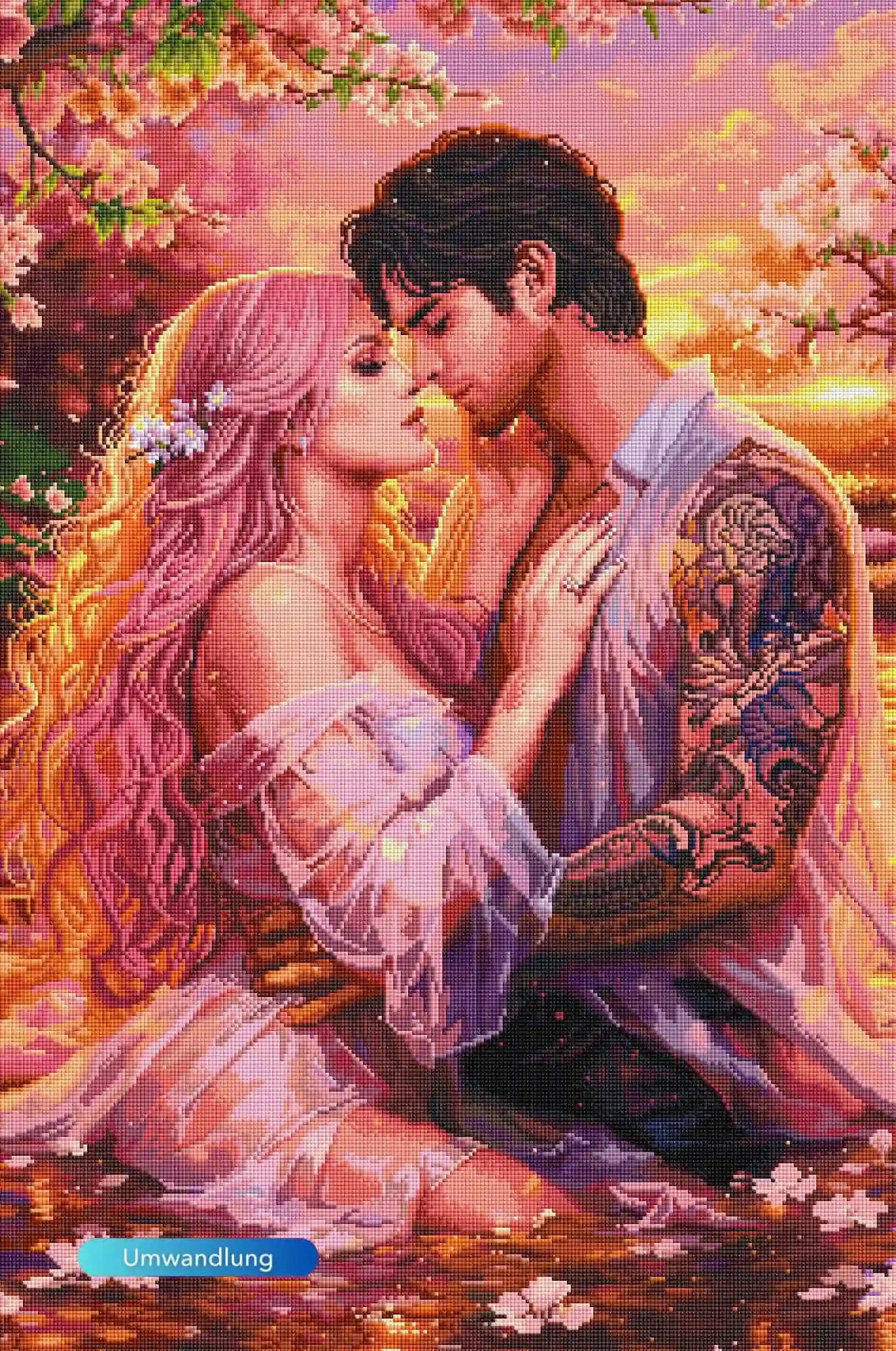 Diamond Painting Set Liebespaar mit tätowiertem Mann und Frau vor blühenden Kirschblüten im warmen Sonnenuntergangslicht