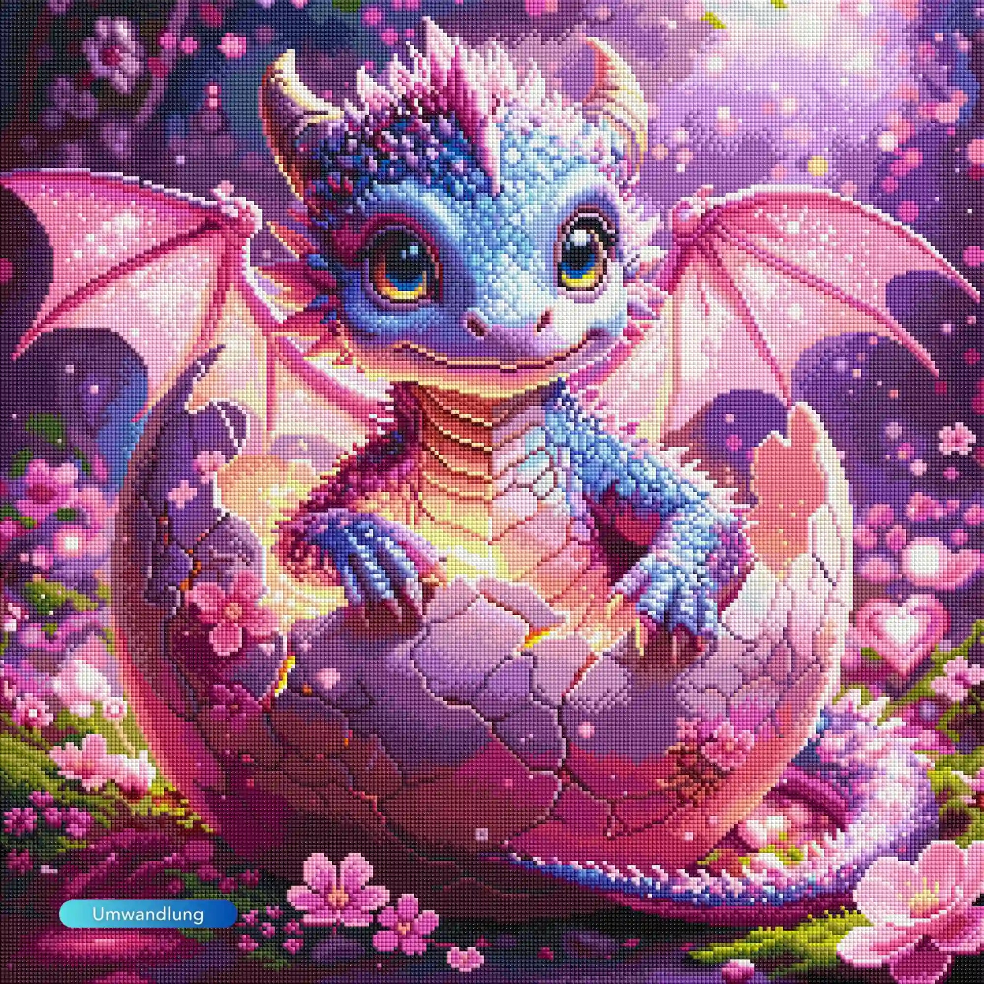Diamond Painting Set eines niedlichen Babydrachen, der in einem Ei zwischen pinken Blüten schlüpft