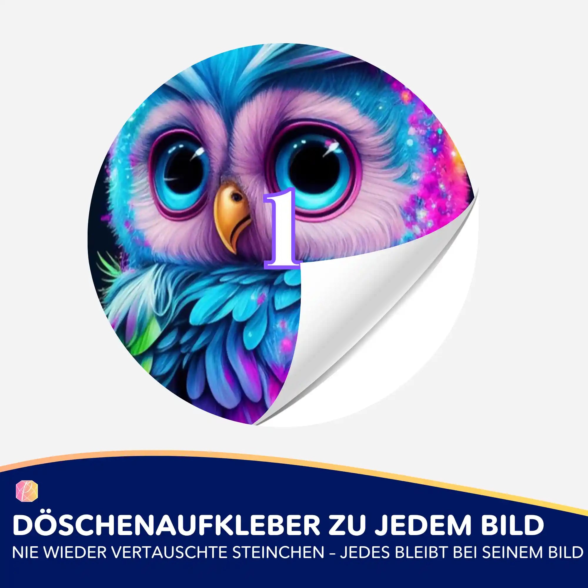 Döschenaufkleber - Kleine bunte Eule im Rausch der Farben