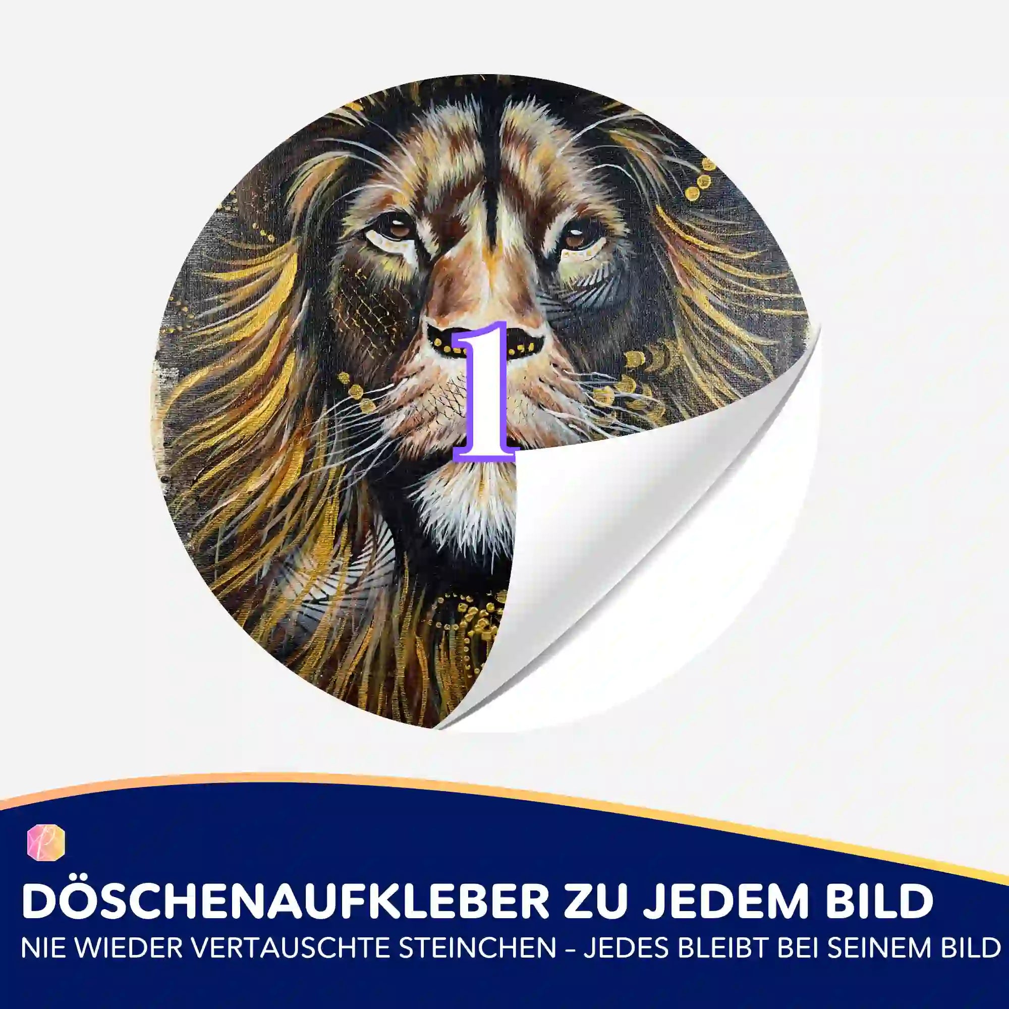 Runder Döschenaufkleber mit Löwen-Motiv für Diamond Painting Zubehör zur geordneten Aufbewahrung der Steinchen.