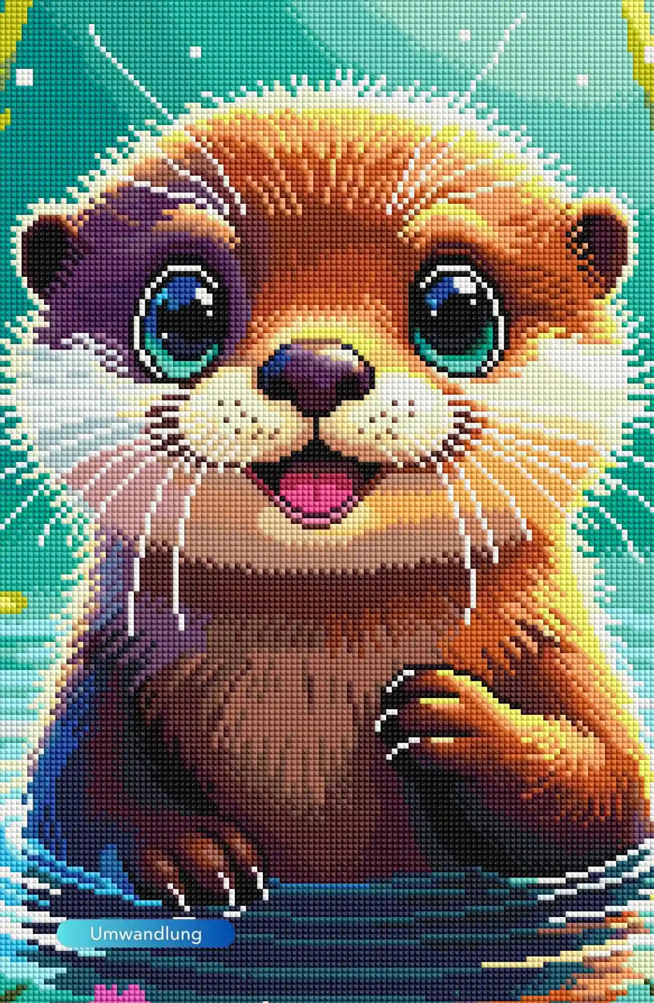 Diamond Painting Set eines niedlichen Otterbabys mit großen blauen Augen und braunem Fell im Wasser