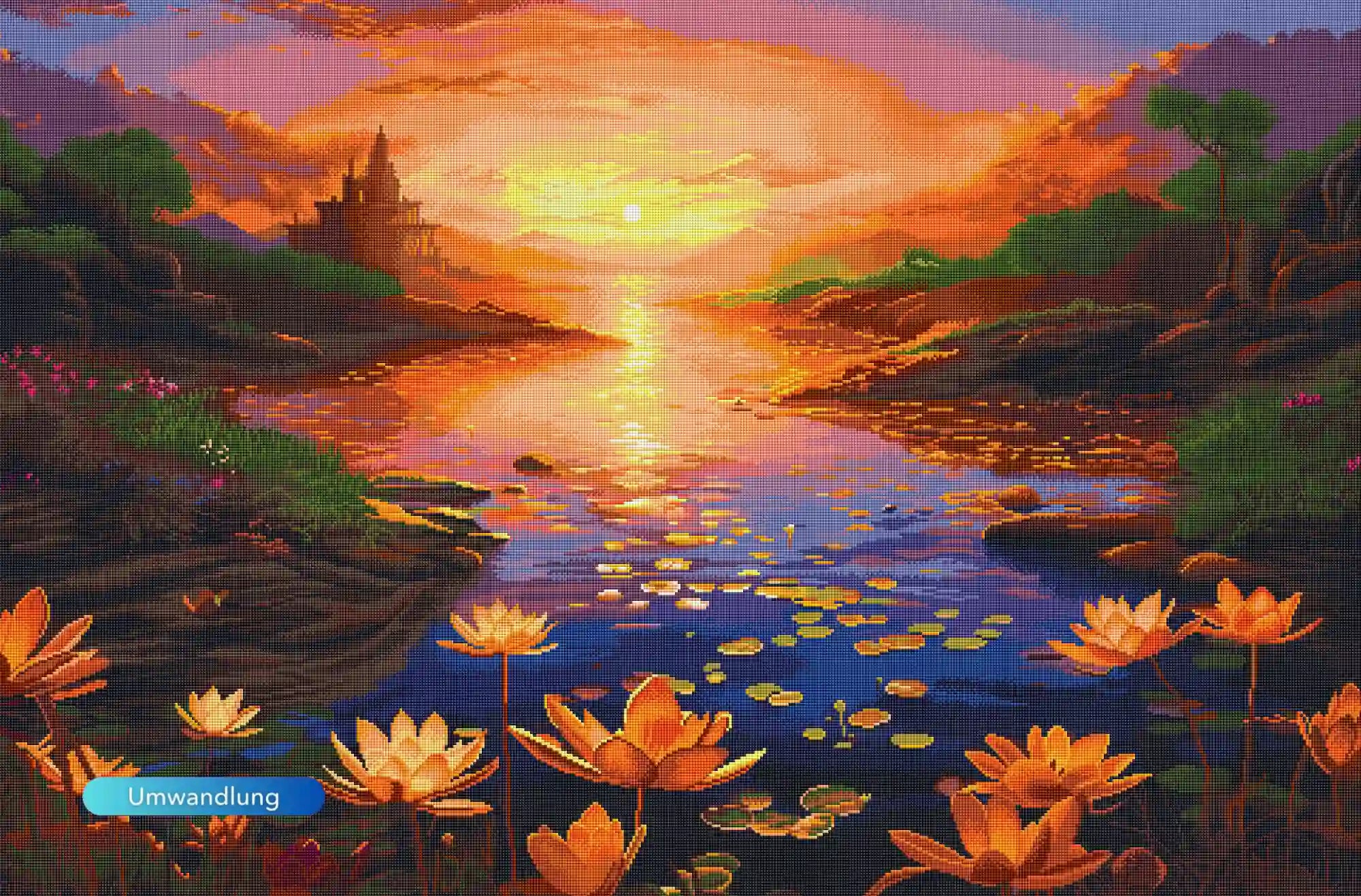 XXL Diamond Painting Set mit Seerosenteich, Märchenschloss und magischem Sonnenuntergang in glitzernden Farben