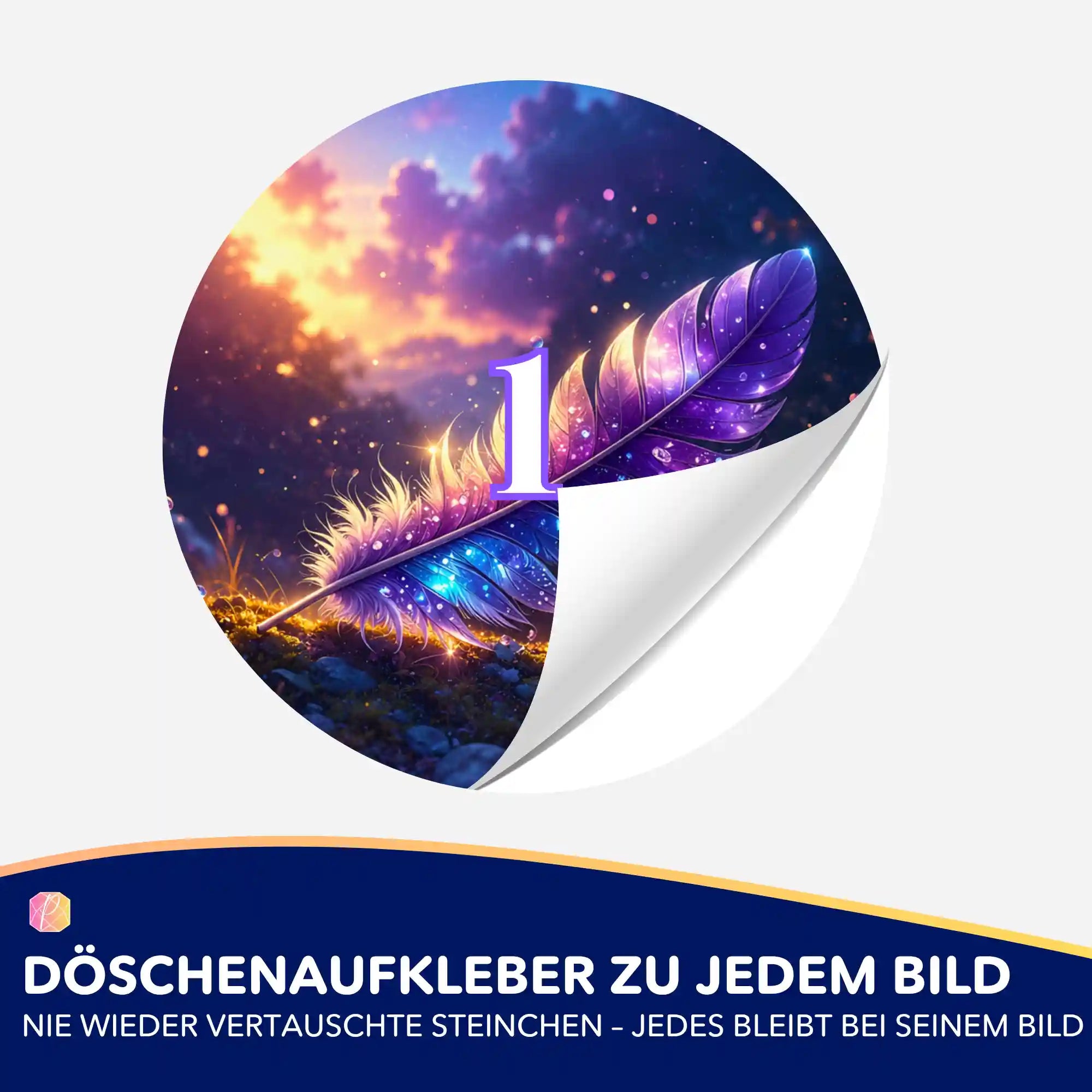 Runder Döschenaufkleber mit Feder-Motiv für Diamond Painting zur übersichtlichen Sortierung der Diamanten.