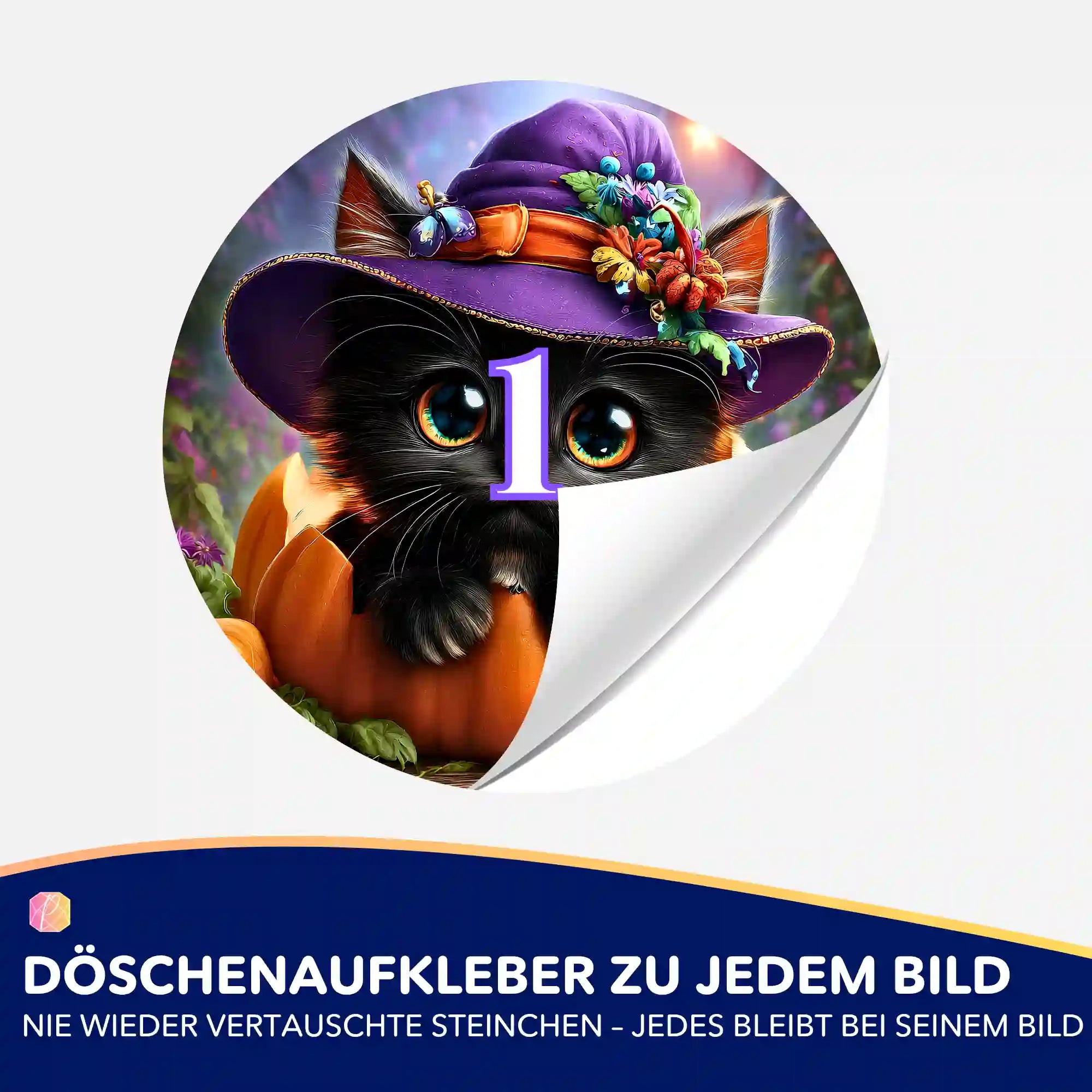 Döschenaufkleber Herbstpfötchen für Diamond Painting mit süßer Katze im Hexenhut zur einfachen Steinchen-Sortierung
