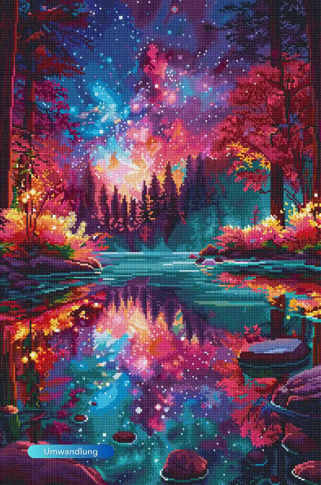 Diamond Painting Set mit magischem Waldsee, leuchtenden Bäumen und buntem Galaxiehimmel in leuchtenden Farben.
