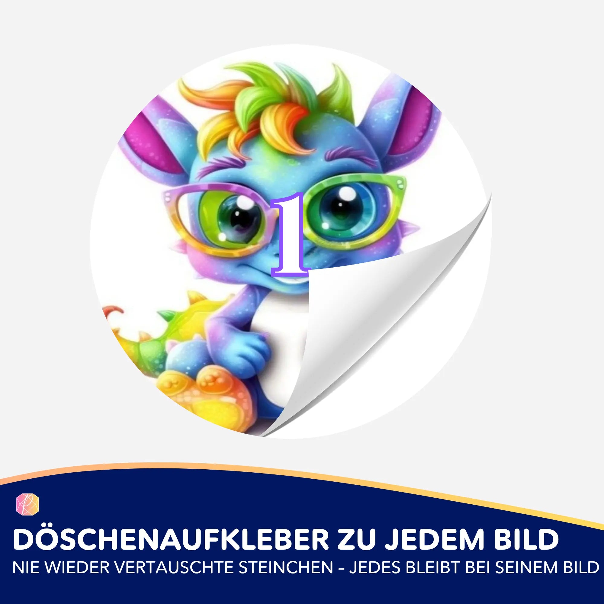 Runder Döschenaufkleber mit Schlaubi Drache Motiv für die Organisation von Diamond Painting Steinchen
