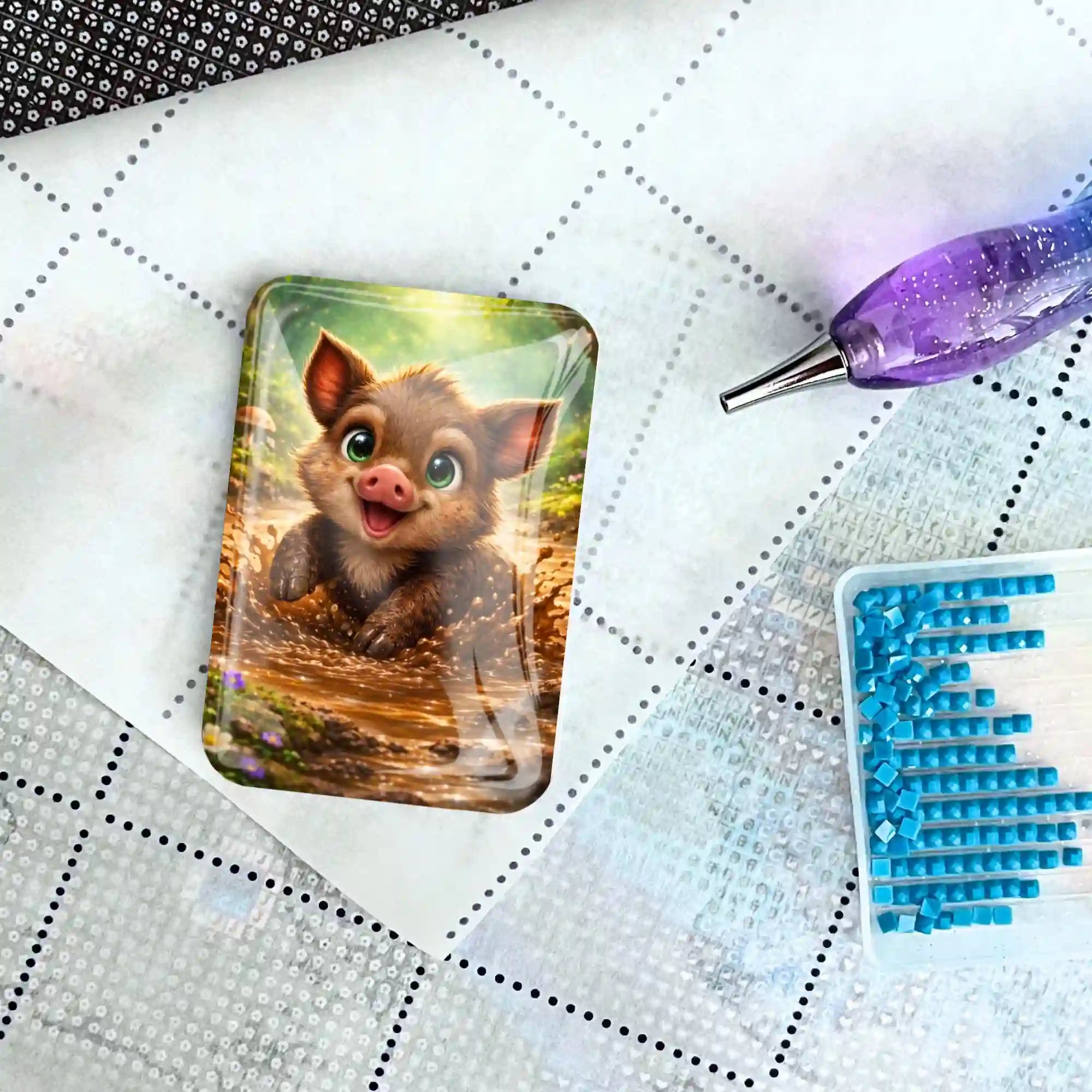 Glas Cover Minder Pfützenglück mit niedlichem Wildschwein für dein Diamond Painting Zubehör auf der Leinwand
