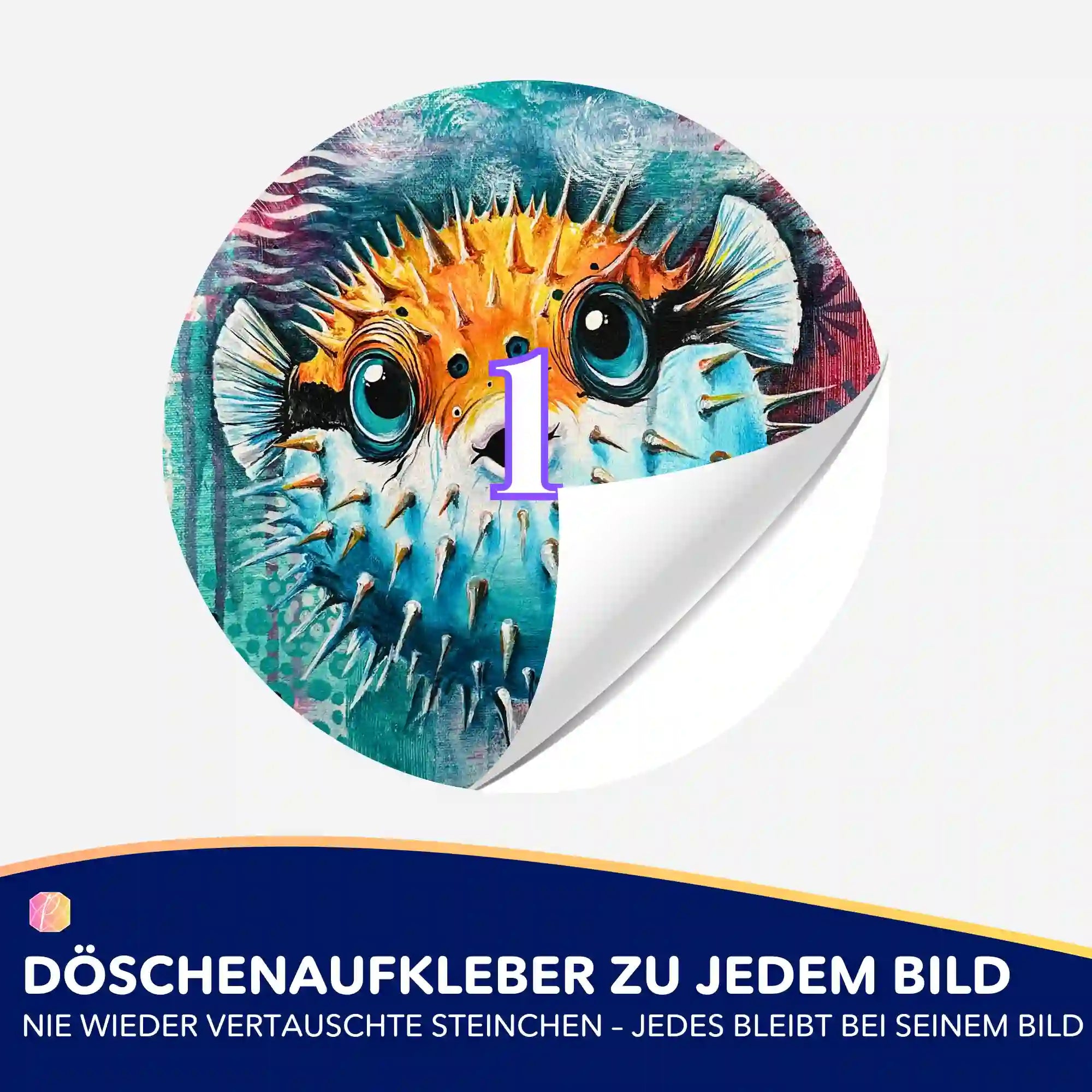 Runder Döschenaufkleber mit Kugelfisch-Motiv zur Organisation von Diamond Painting Steinchen und Farben.
