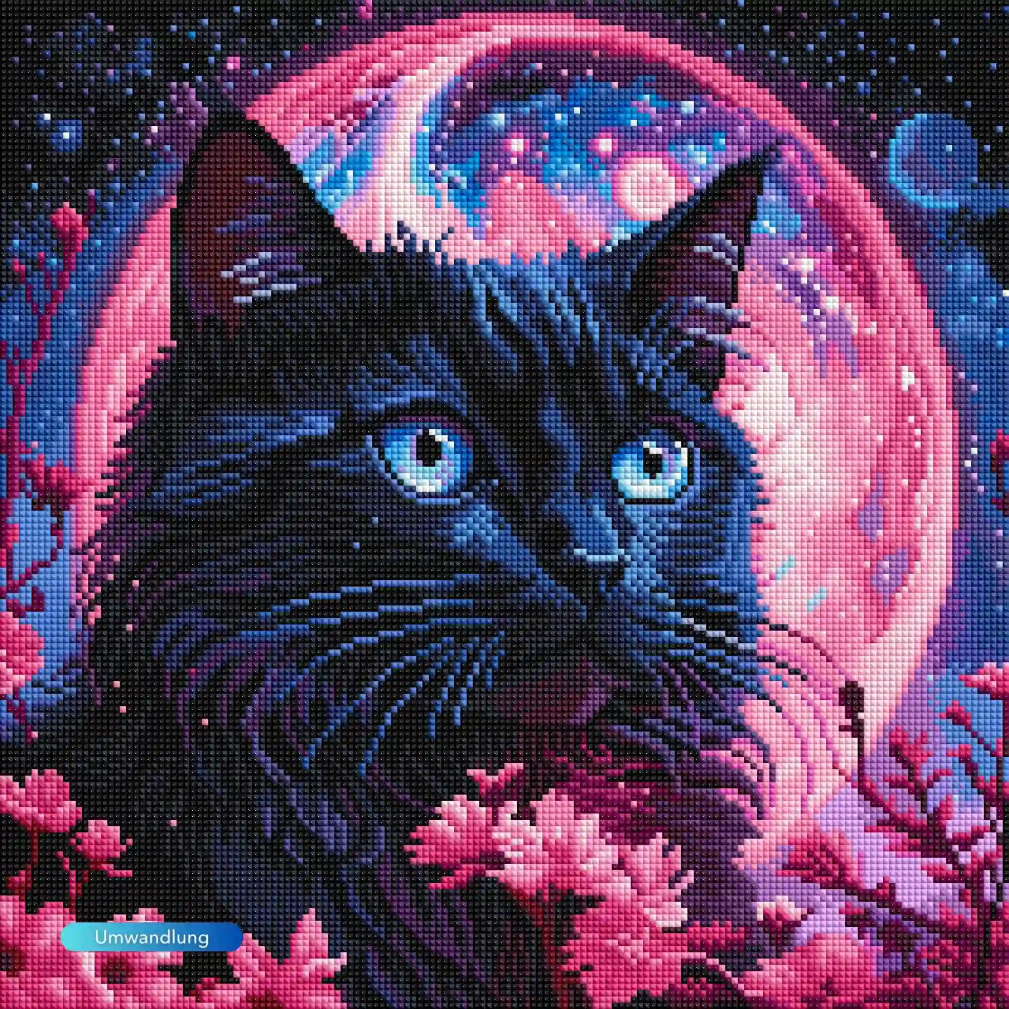 Diamond Painting Set Katze vor pinkem Mond mit Blütenzweigen und sternenklarem Nachthimmel in leuchtenden Farben