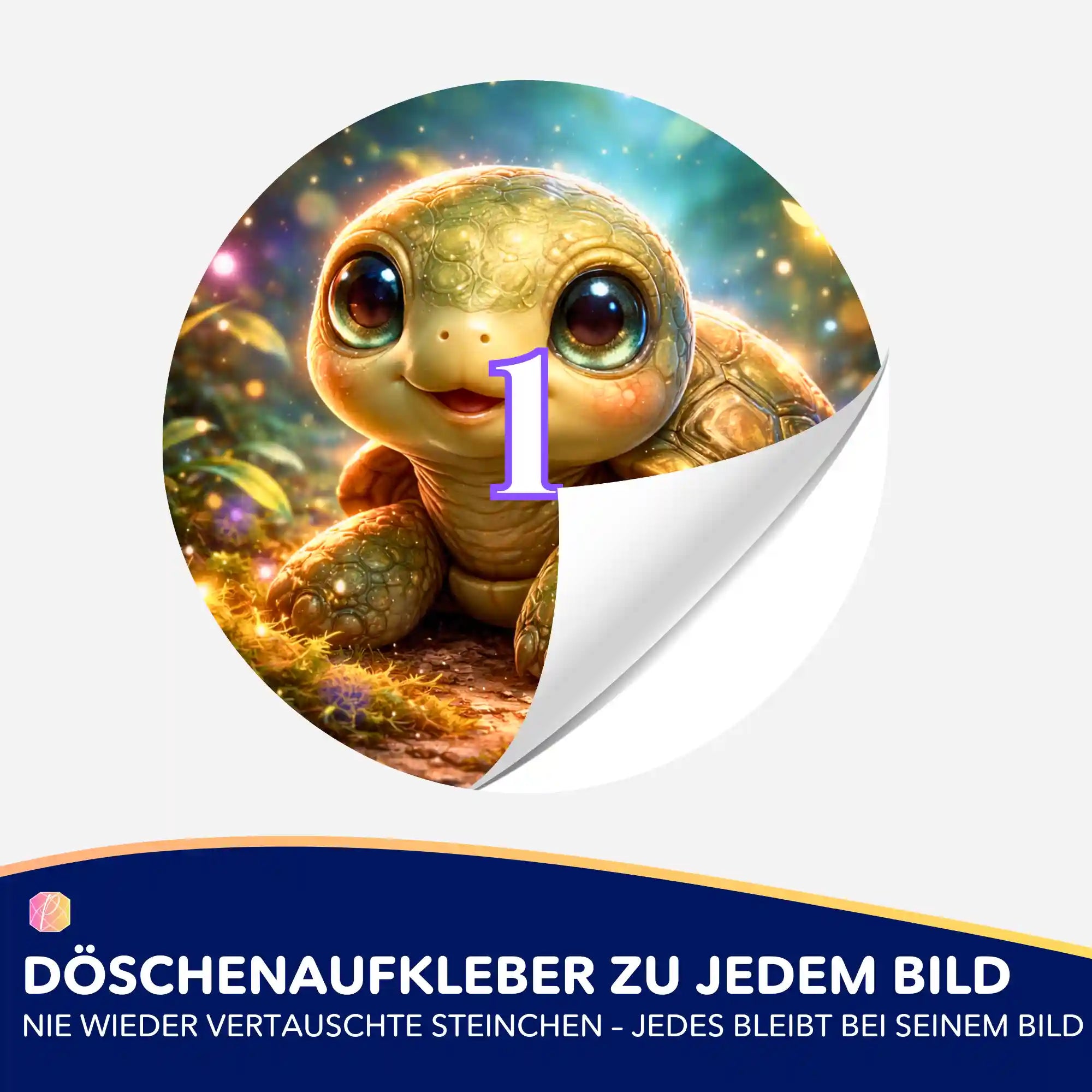 Bunter Döschenaufkleber mit Schildkröten-Motiv zur Sortierung von Steinchen für dein Diamond Painting Set
