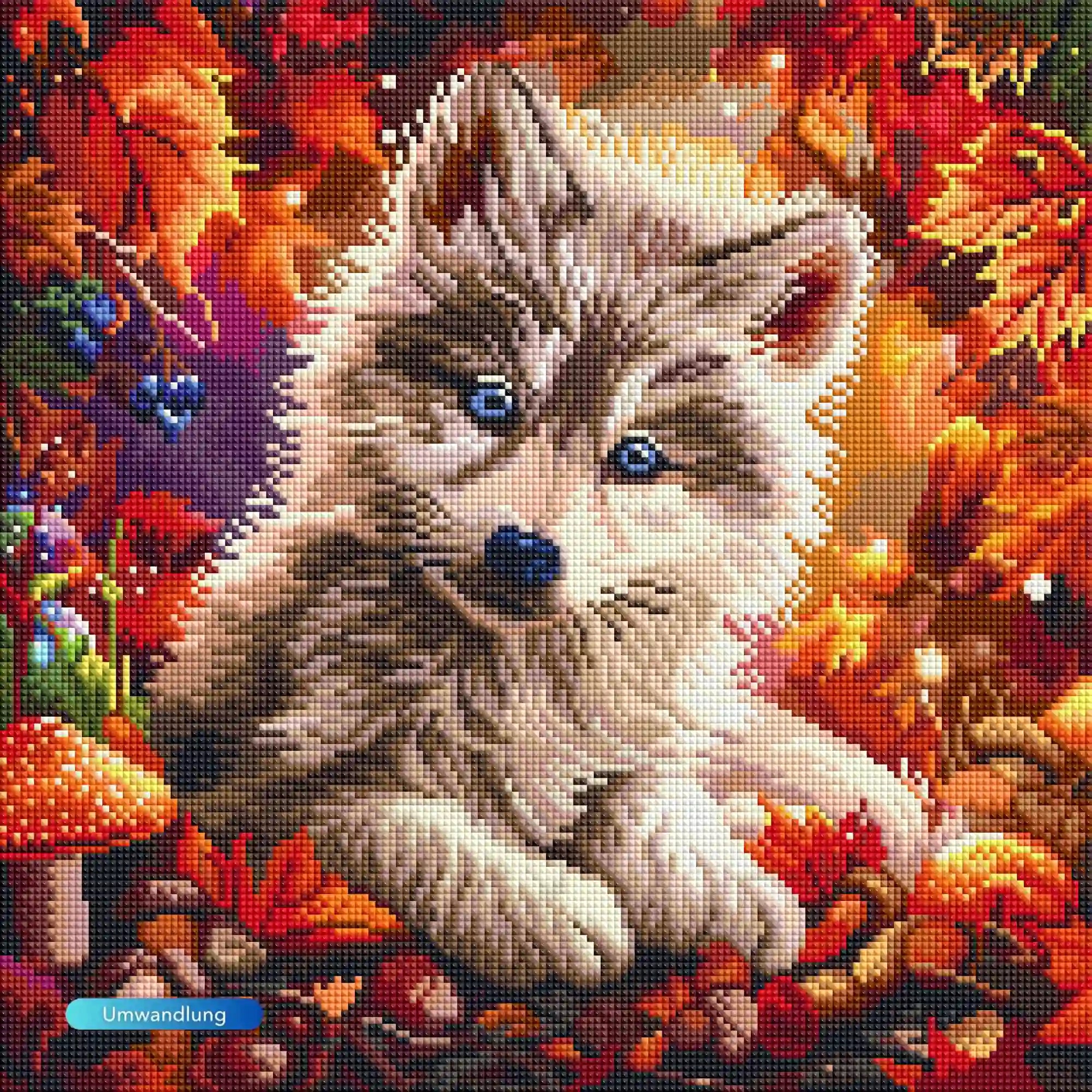 Diamond Painting Set eines süßen Wolfjunges im herbstlichen Märchenwald mit bunten Blättern und leuchtenden Glitzersteinen