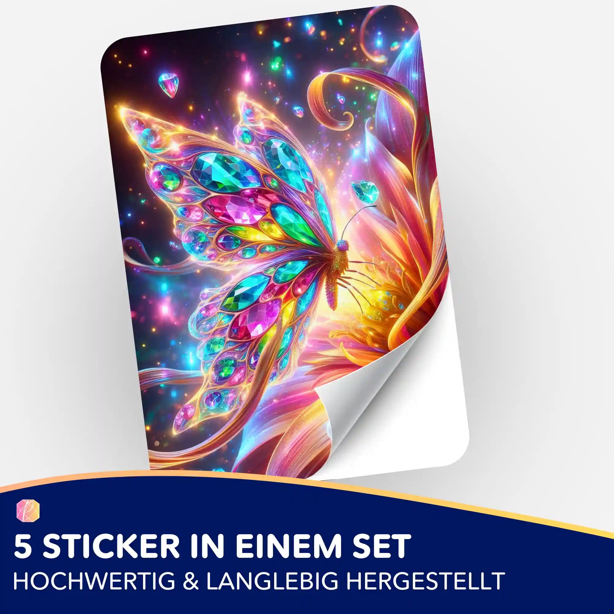 Buntes Schmetterling-Motiv im Diamond Painting Stil als hochwertiger Aufkleber für Diamond Painting Fans.