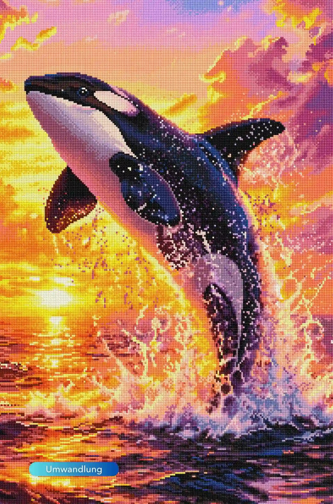 Diamond Painting Set mit springendem Orka vor einem leuchtend orangen Sonnenuntergang am Meer