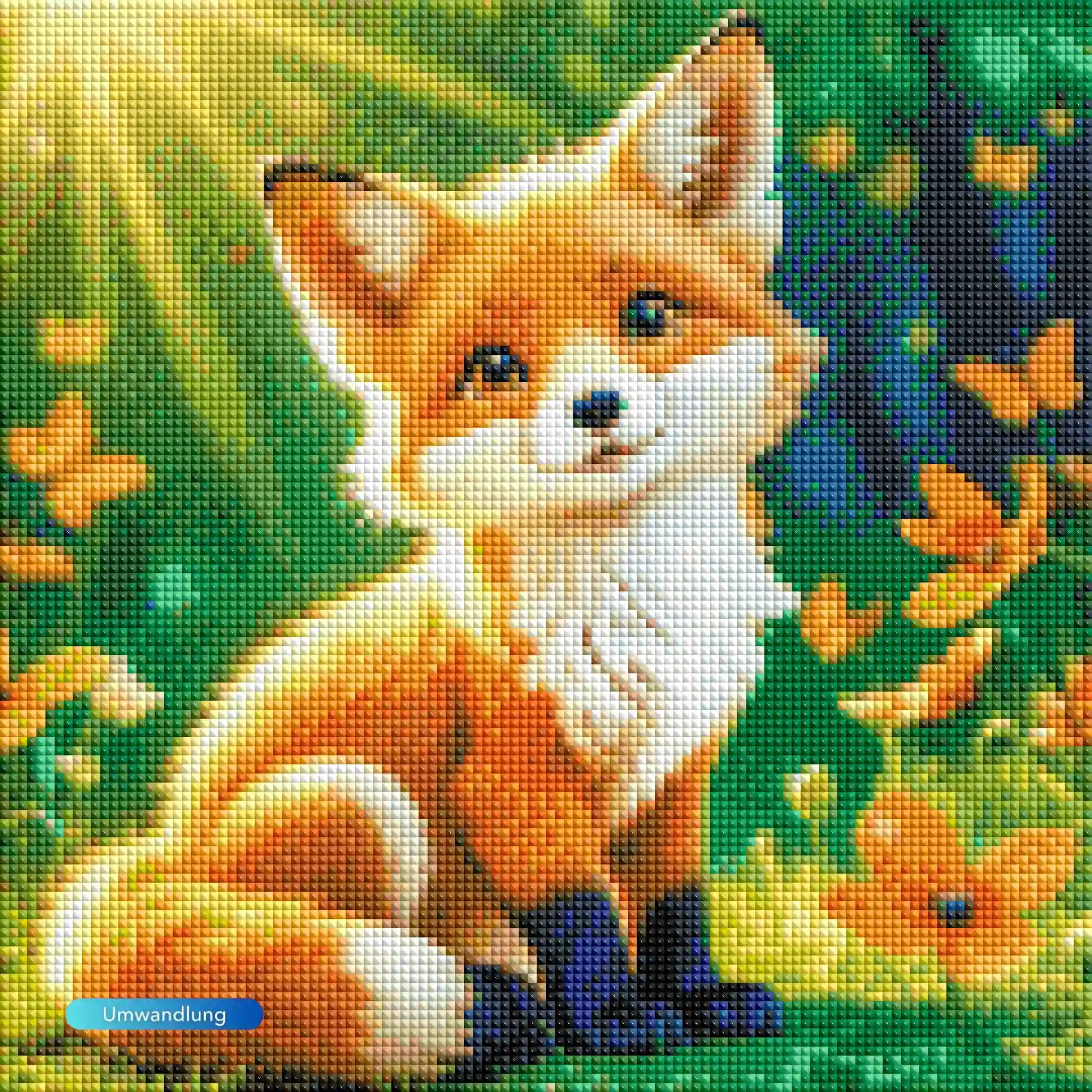 Diamond Painting Set mit süßem Fuchs im Wald umgeben von bunten Blumen und Schmetterlingen im warmen Sonnenlicht