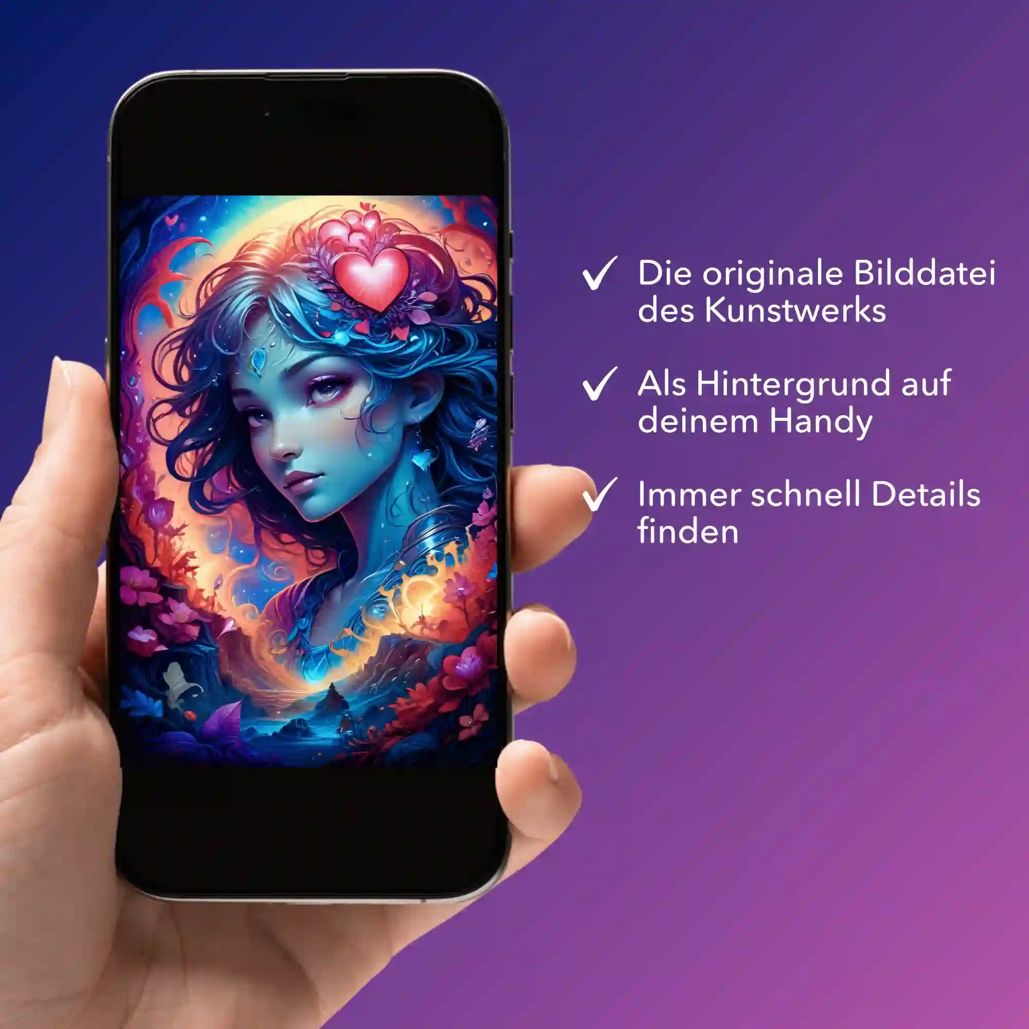 Smartphone mit digitaler Bildmappe vom Mystic Girl Motiv für Diamond Painting und Malen nach Zahlen