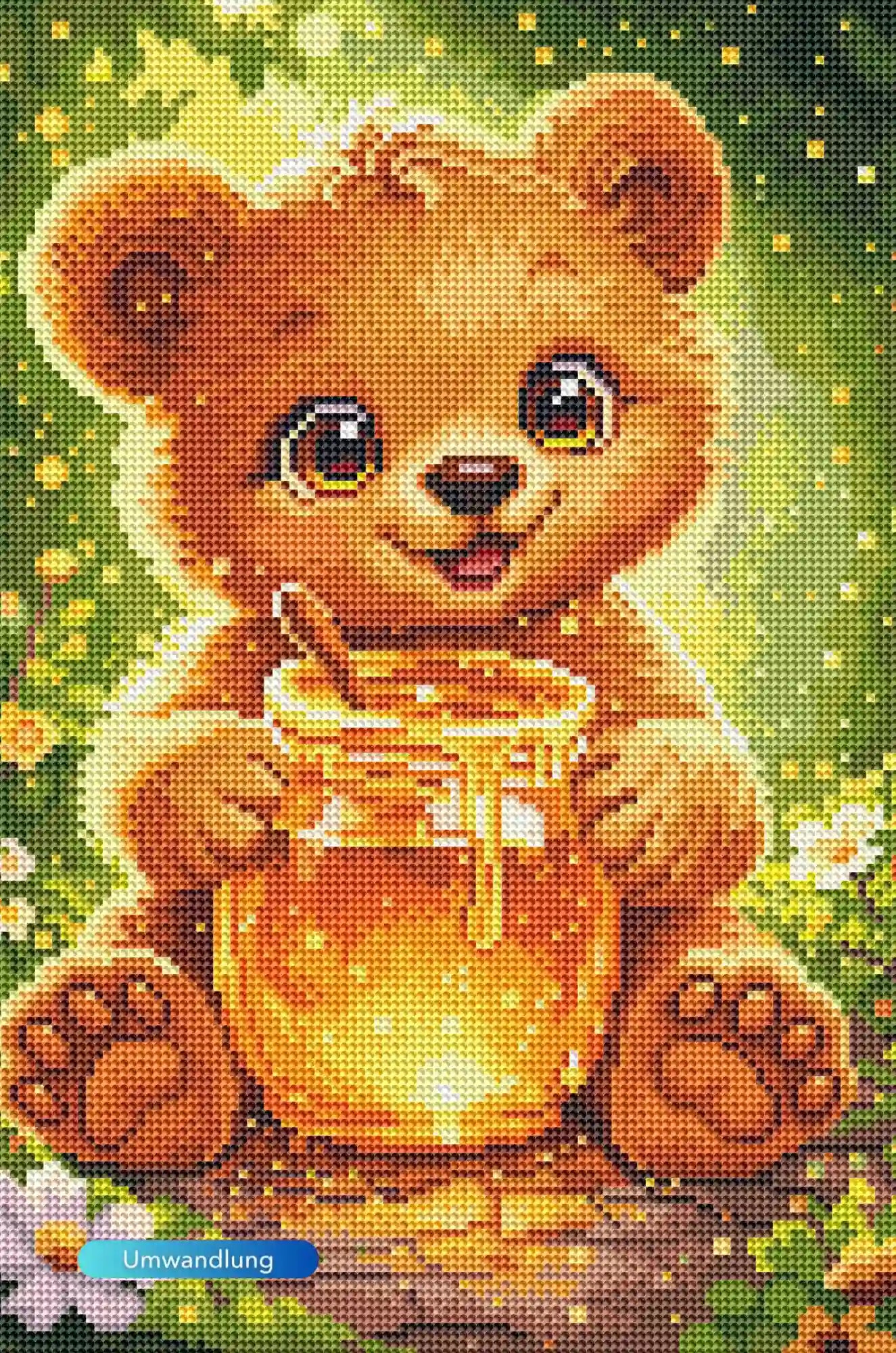 Diamond Painting Set mit niedlichem Teddybär, der einen Honigtopf im Wald hält, aus funkelnden Glitzersteinen