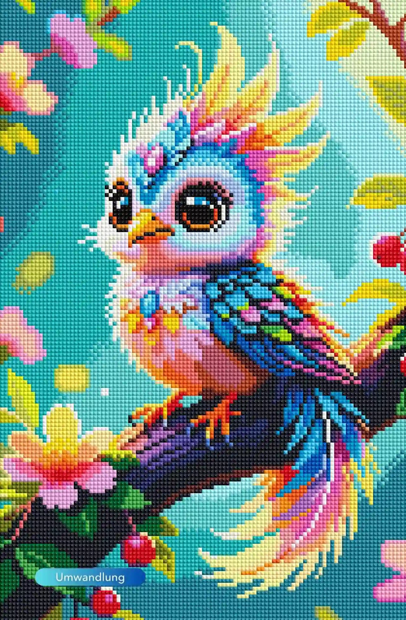 Diamond Painting Set Farbenkind: Bunter Fantasy-Vogel mit großen Augen auf blühendem Ast mit rosa Blumen und Beeren.