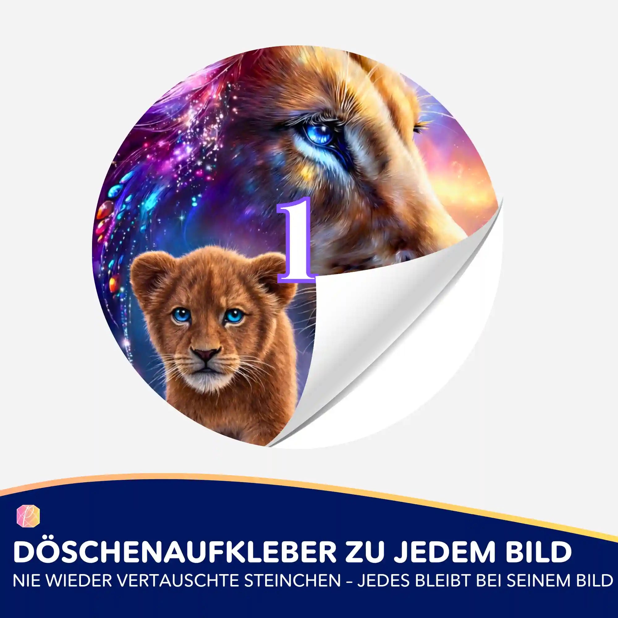 Bunter Löwen-Döschenaufkleber für Diamond Painting zur übersichtlichen Sortierung der Diamanten nach Farben.