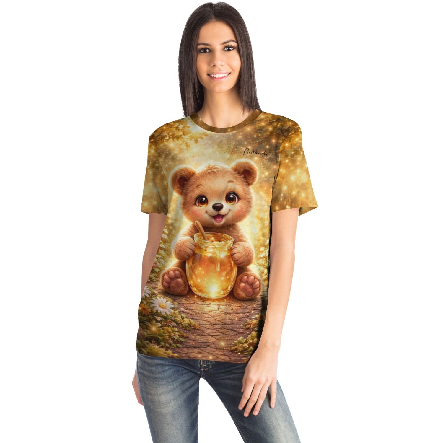 Frau trägt ein T-Shirt mit süßem Teddybär-Motiv, inspiriert von Diamond Painting und Malen nach Zahlen Kunststilen.