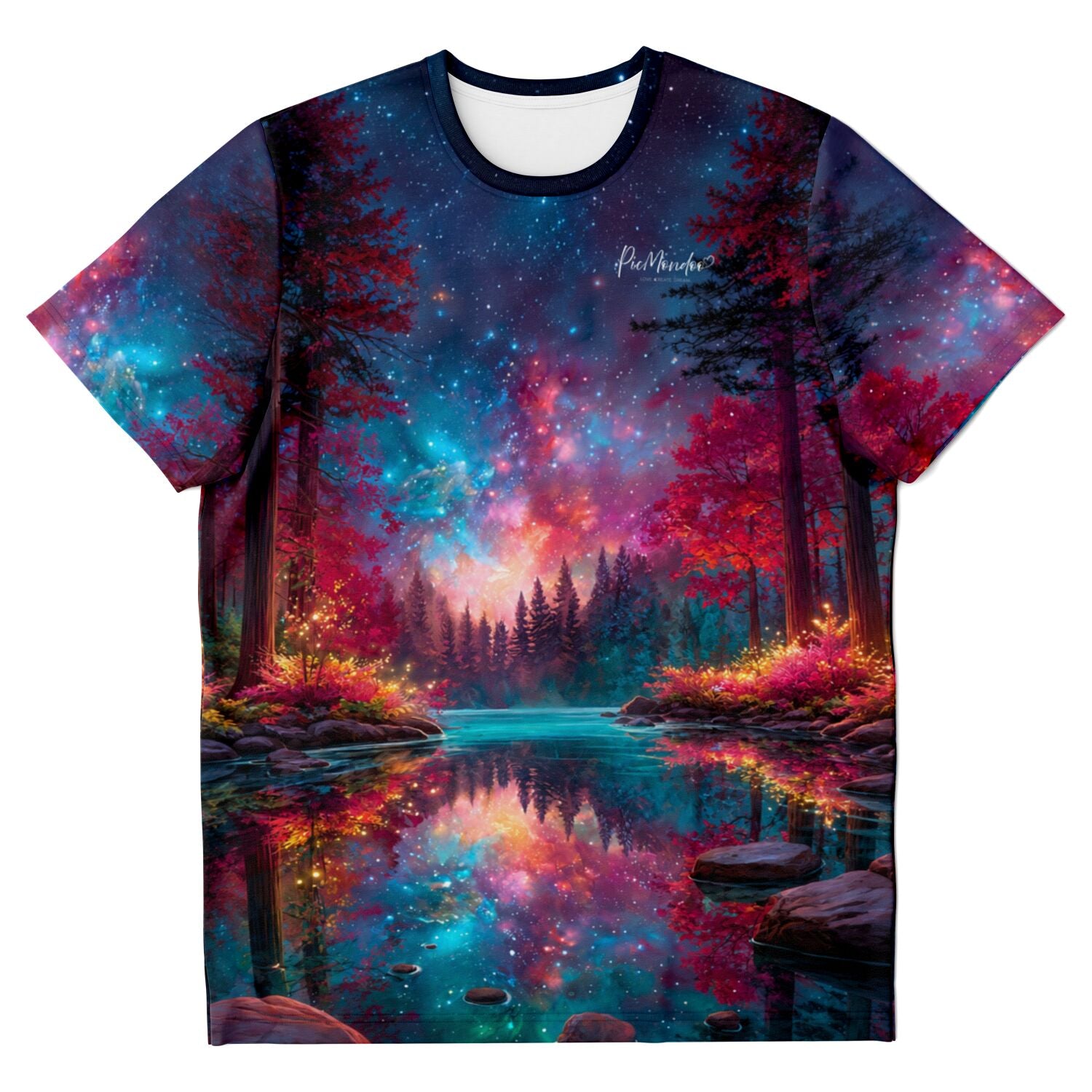 Dreamer T-Shirt mit magischem Wald Motiv, inspiriert von Diamond Painting Galaxie Farben und sternenklarem Nachthimmel.