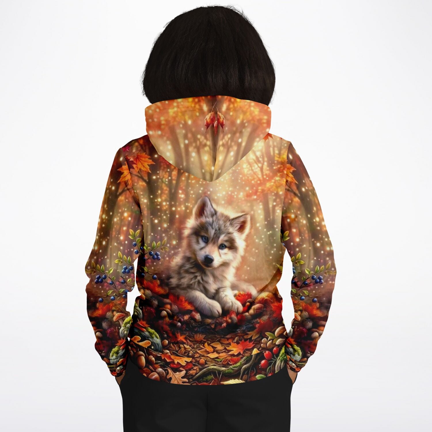 Hoodie mit süßem Wolf-Motiv im Herbstwald, inspiriert von den detaillierten Designs unserer Diamond Painting Sets.