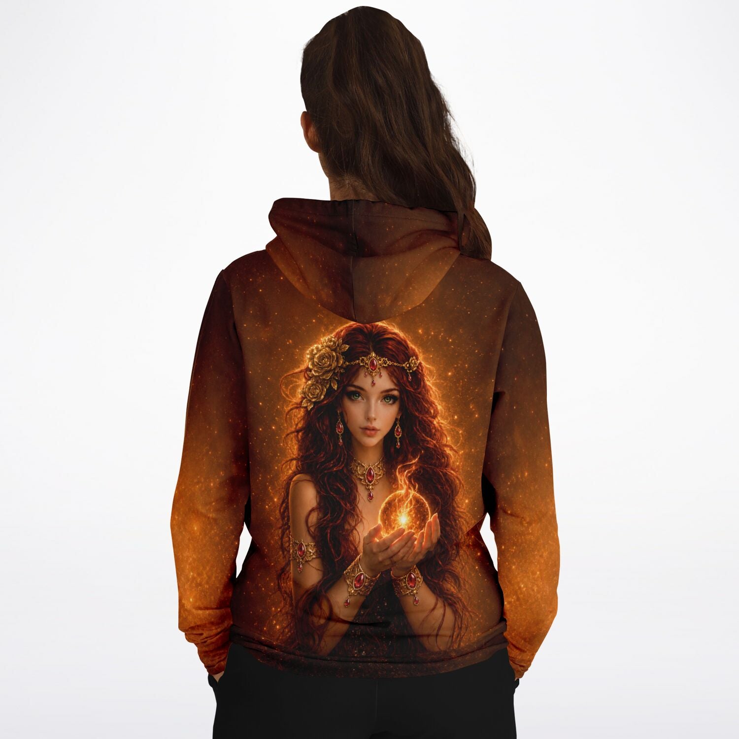 Dreamer Hoodie Göttin der Sonne mit leuchtendem Feuer-Motiv, inspiriert von Diamond Painting und Malen nach Zahlen Kunst