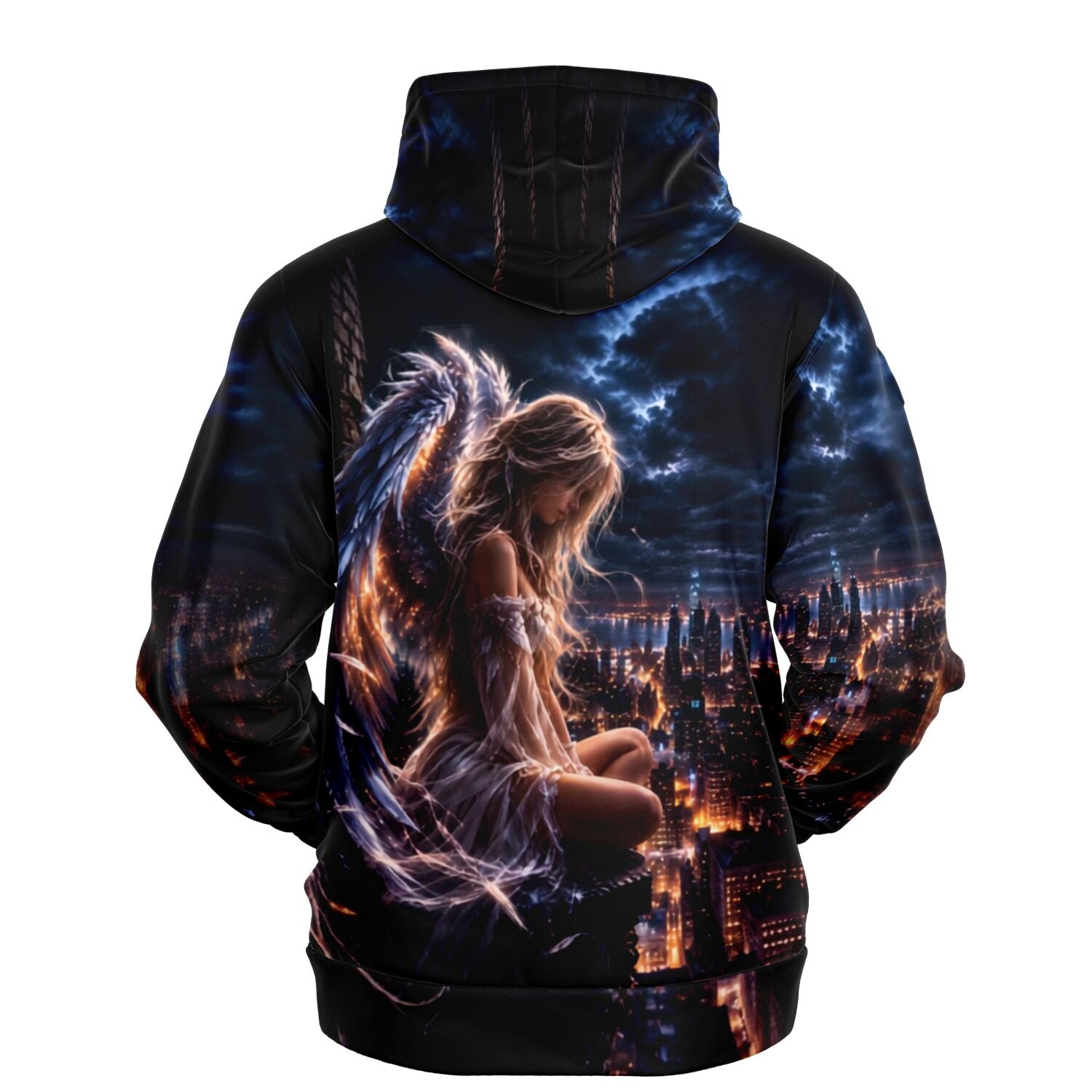 Dreamer Hoodie mit Engel-Motiv über nächtlicher Stadt, kunstvoller vollflächiger Druck für Fans von Diamond Painting
