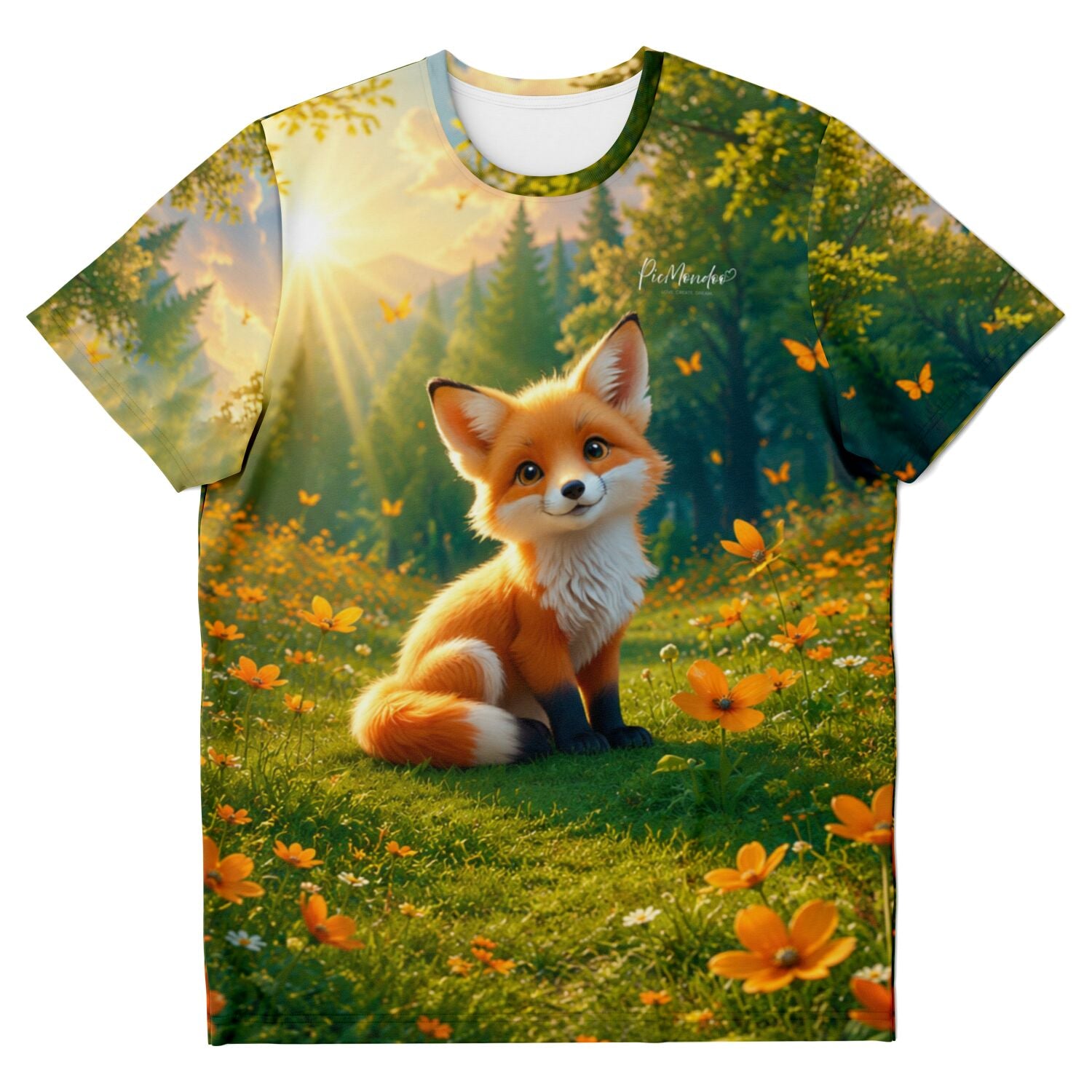 Dreamer T-Shirt mit Foxy Casper Motiv, inspiriert von Diamond Painting Kunst im Wald mit Blumen und Sonnenlicht