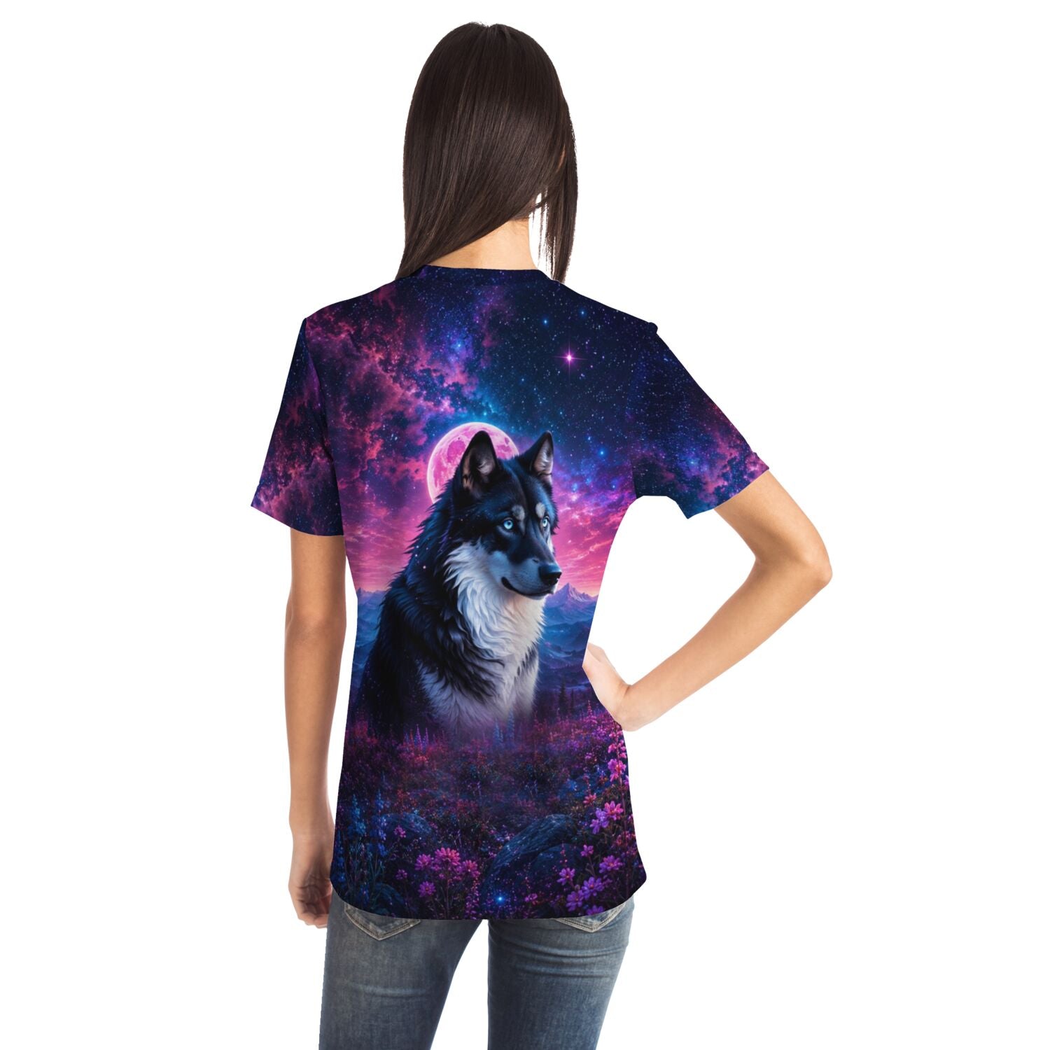 T-Shirt mit Hund Motiv, Erdbeermond und Galaxie Design im Stil unserer Diamond Painting und Malen nach Zahlen Kunst.